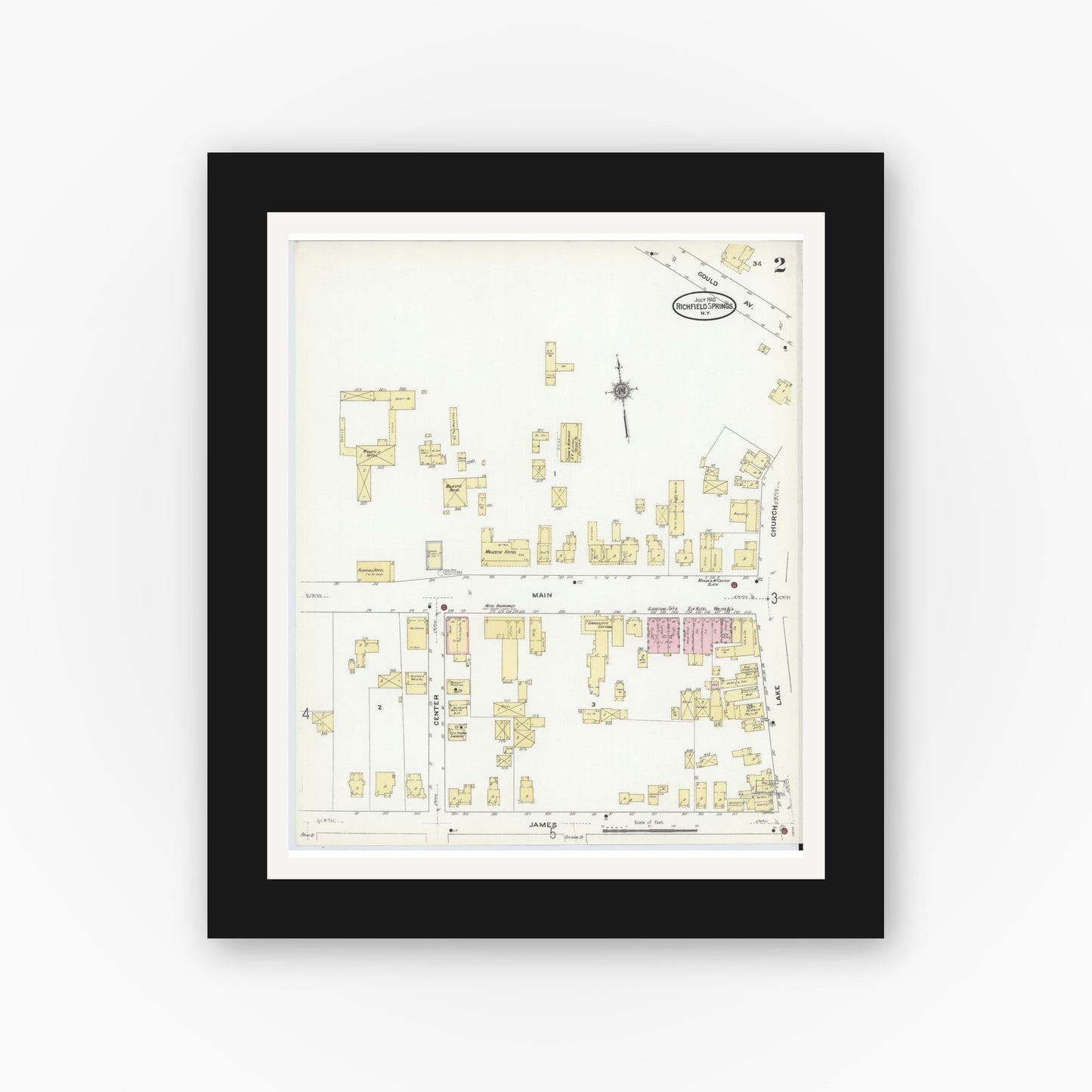 Old map wall art mockup — black gallery frame with white mat — Sanborn Fire Insurance Map from Richfield Springs, Otsego County, New York (1910), Sheet #0002