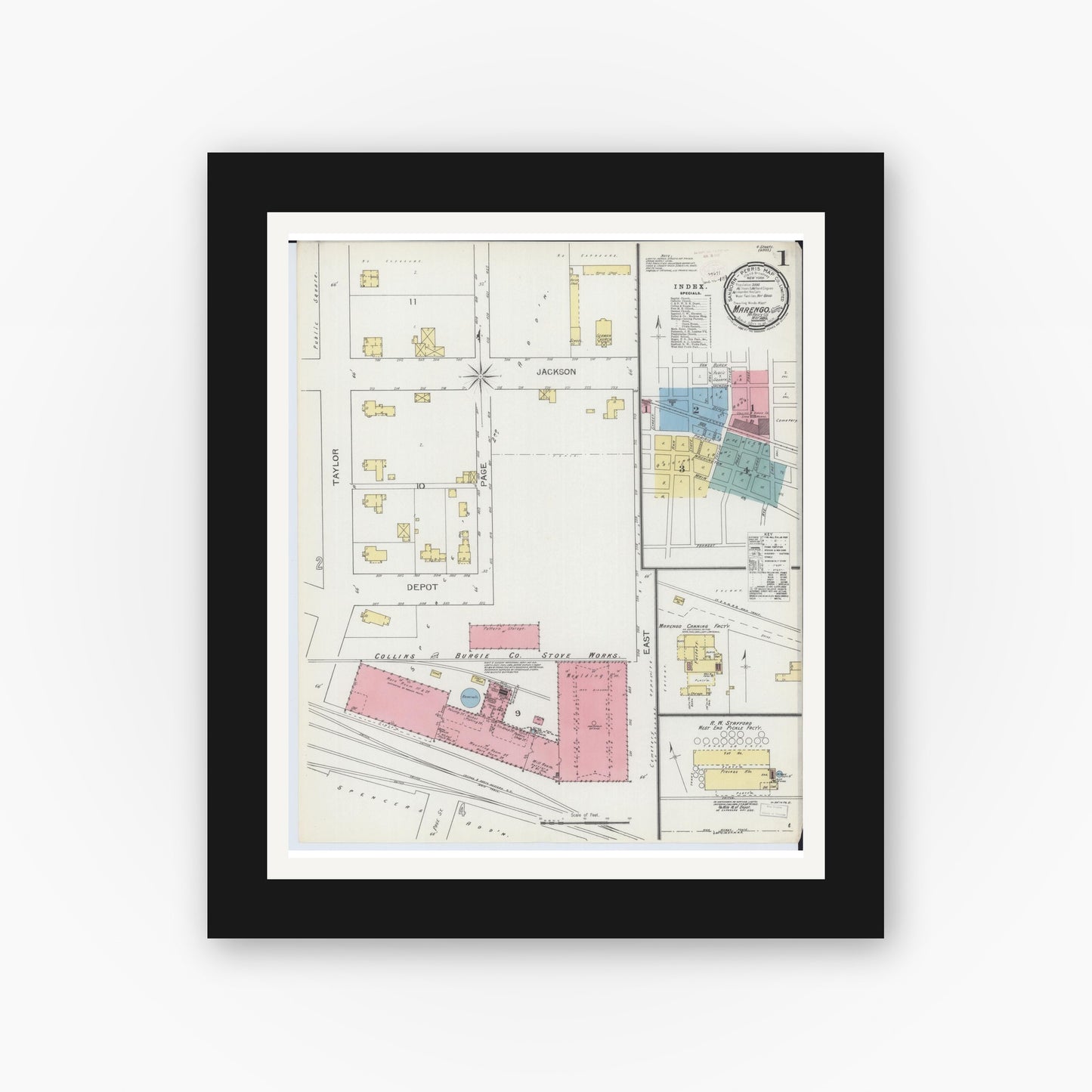 Old map wall art mockup — black gallery frame with white mat — Sanborn Fire Insurance Map from Marengo, McHenry County, Illinois (1893) - Complete Map Set