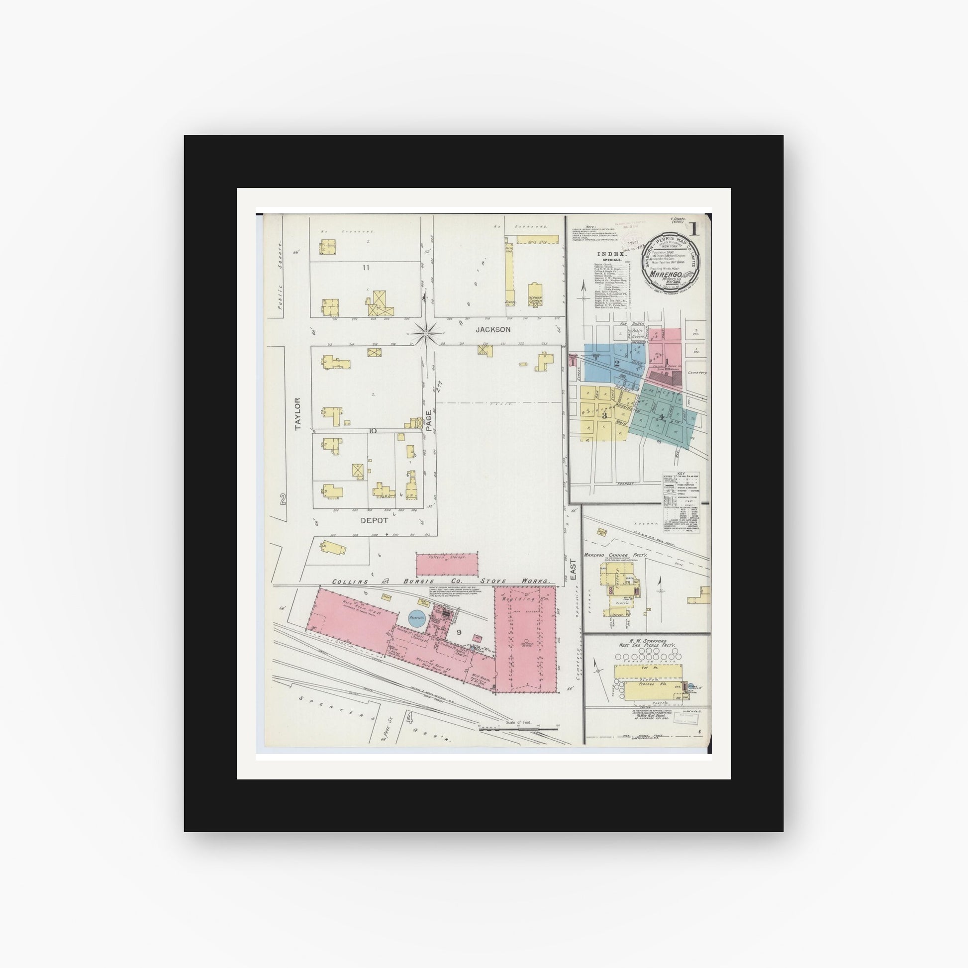 Old map wall art mockup — black gallery frame with white mat — Sanborn Fire Insurance Map from Marengo, McHenry County, Illinois (1893) - Complete Map Set