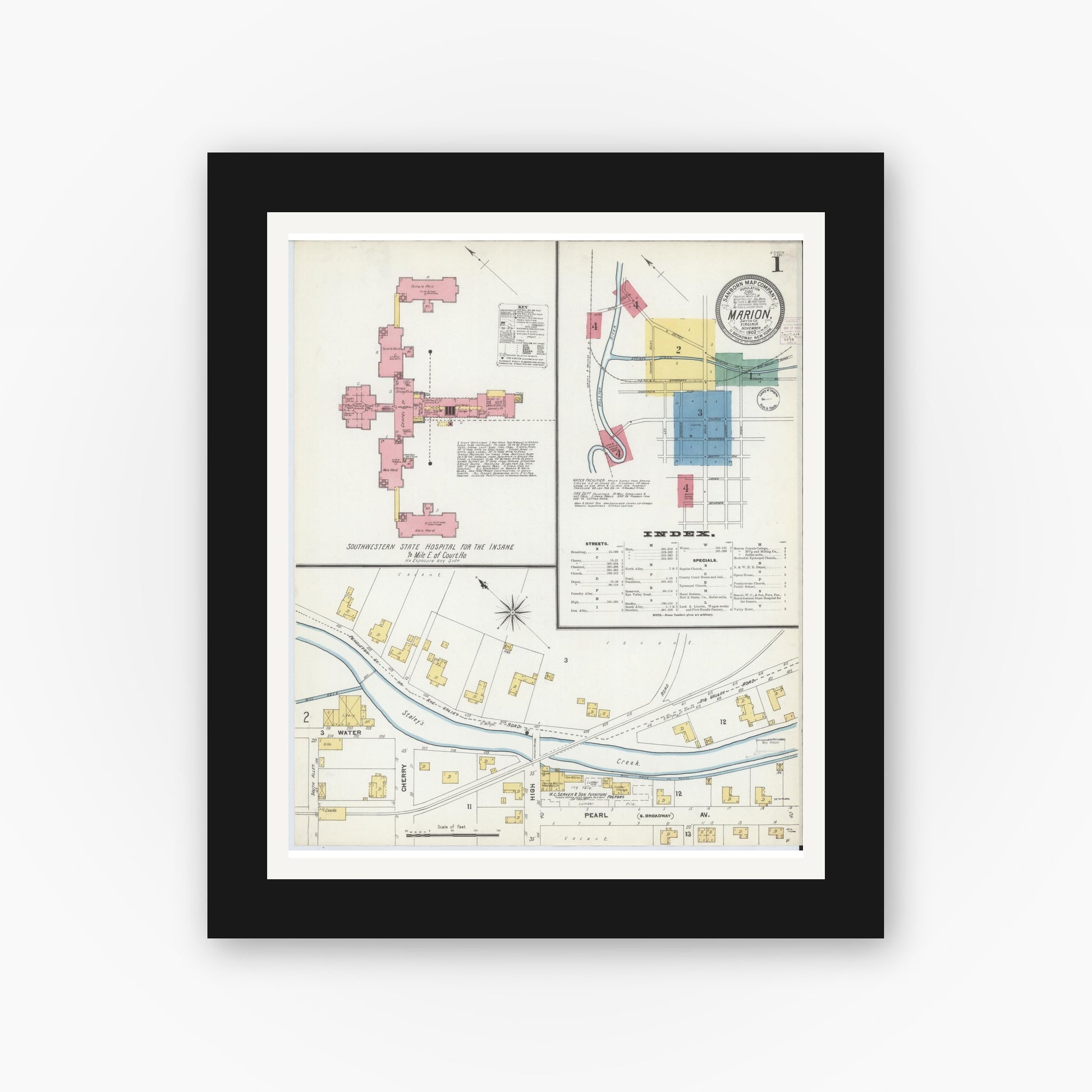 Old map wall art mockup — black gallery frame with white mat — Sanborn Fire Insurance Map from Marion, Smyth County, Virginia (1902) - Complete Map Set