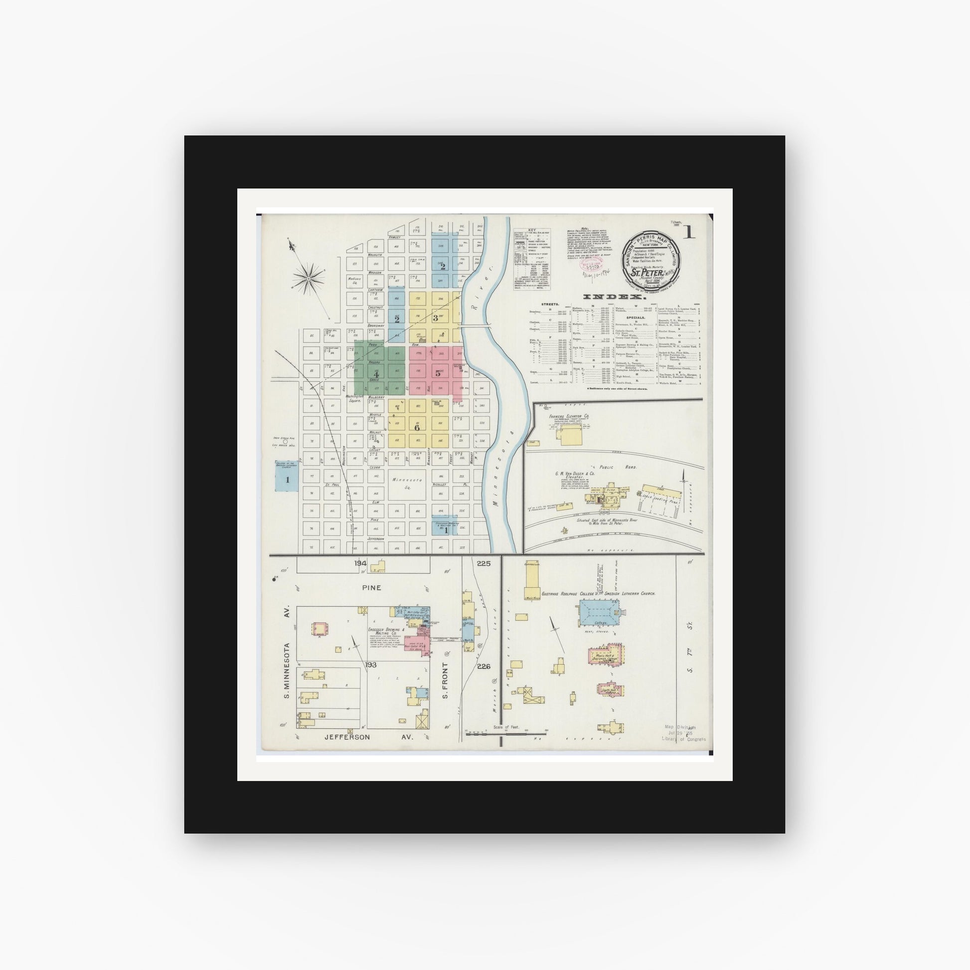 Old map wall art mockup — black gallery frame with white mat — Sanborn Fire Insurance Map from Saint Peter, Nicollet County, Minnesota (1894), Sheet #0001