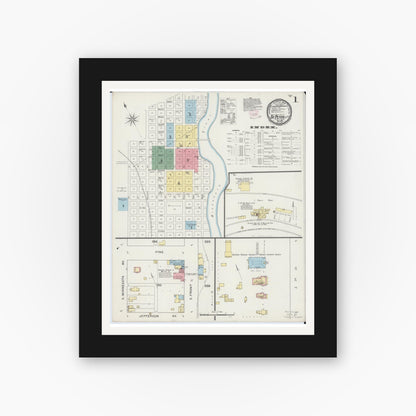 Old map wall art mockup — black gallery frame with white mat — Sanborn Fire Insurance Map from Saint Peter, Nicollet County, Minnesota (1894), Sheet #0001