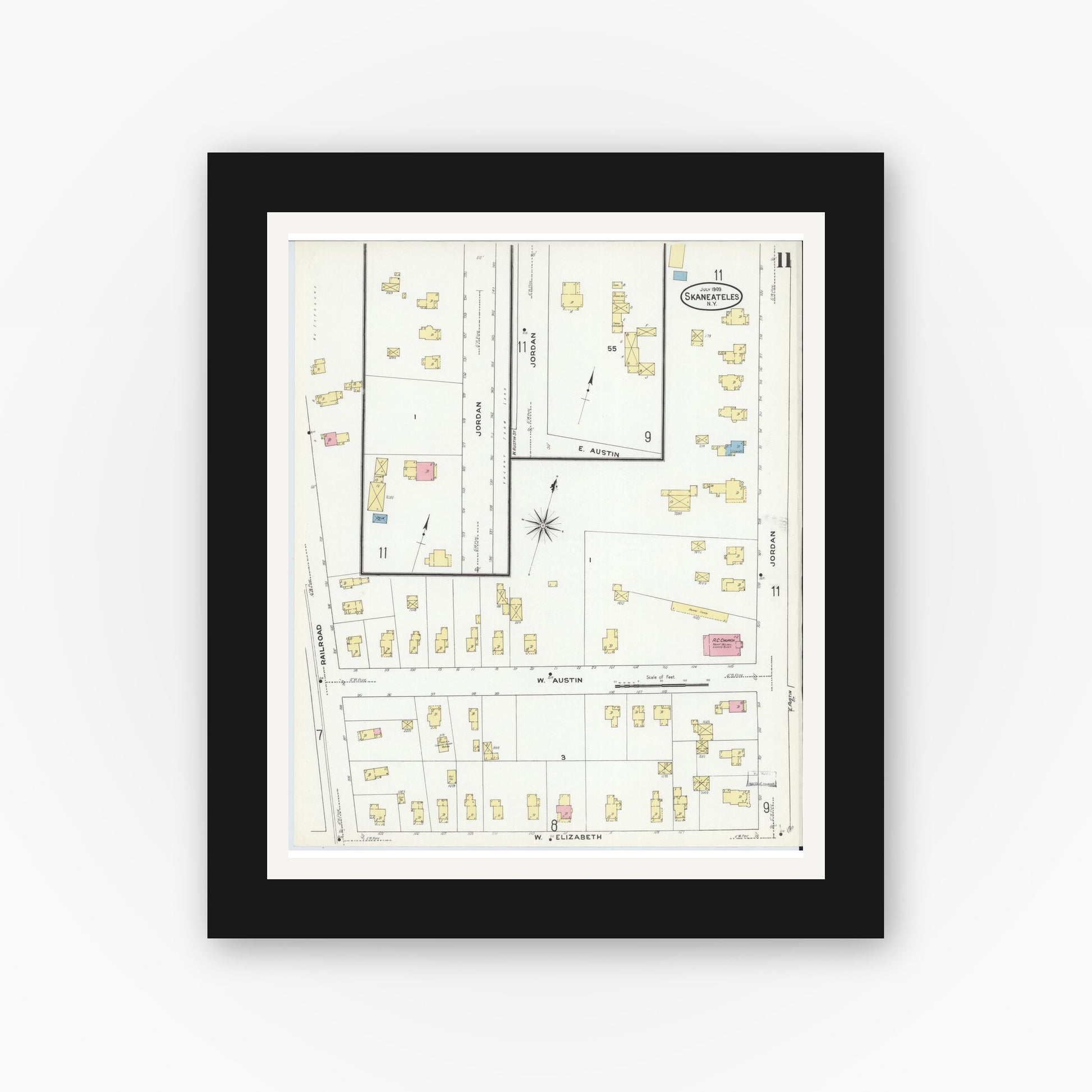 Old map wall art mockup — black gallery frame with white mat — Sanborn Fire Insurance Map from Skaneateles, Onondaga County, New York (1909), Sheet #0011