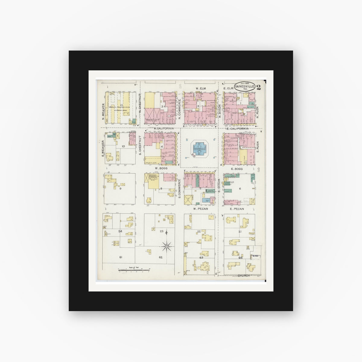 Old map wall art mockup — black gallery frame with white mat — Sanborn Fire Insurance Map from Gainesville, Cooke County, Texas (1892), Sheet #0002