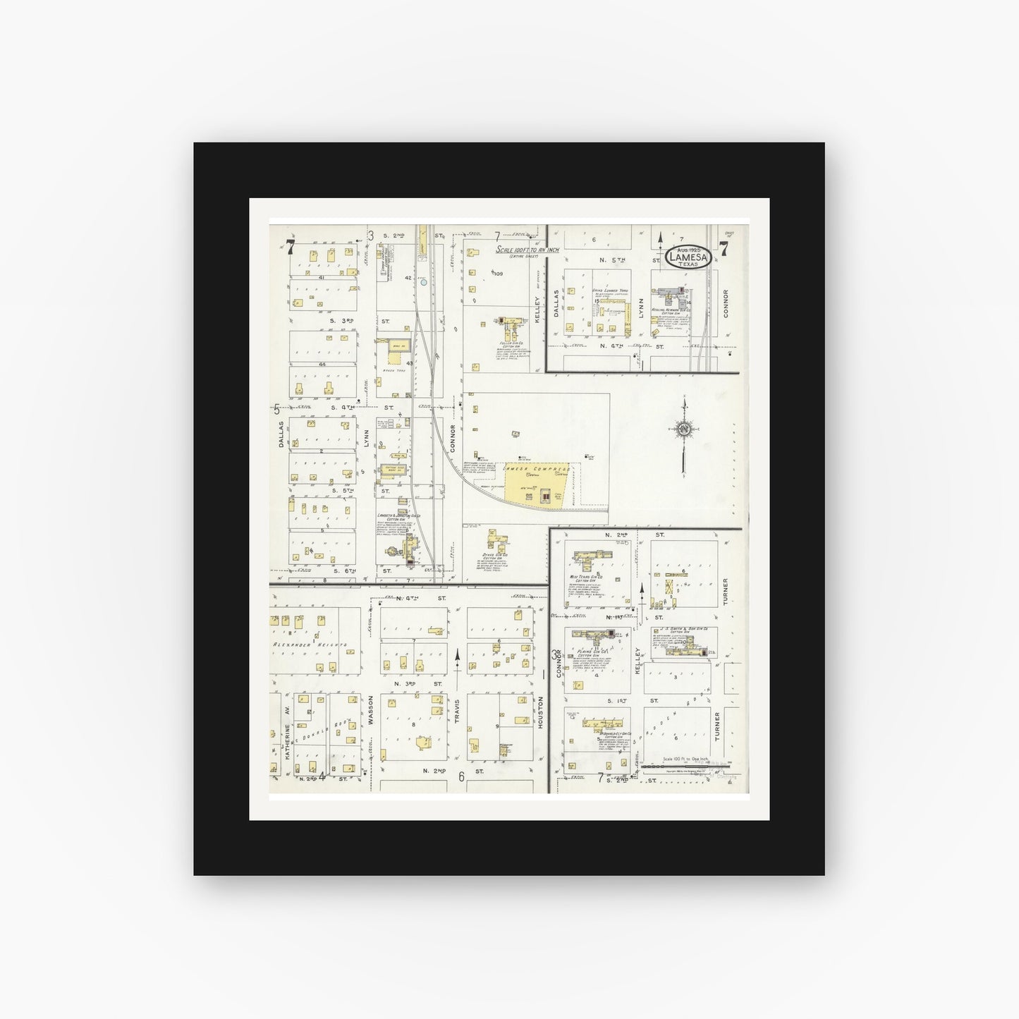 Old map wall art mockup — black gallery frame with white mat — Sanborn Fire Insurance Map from Lamesa, Dawson County, Texas (1925), Sheet #0007