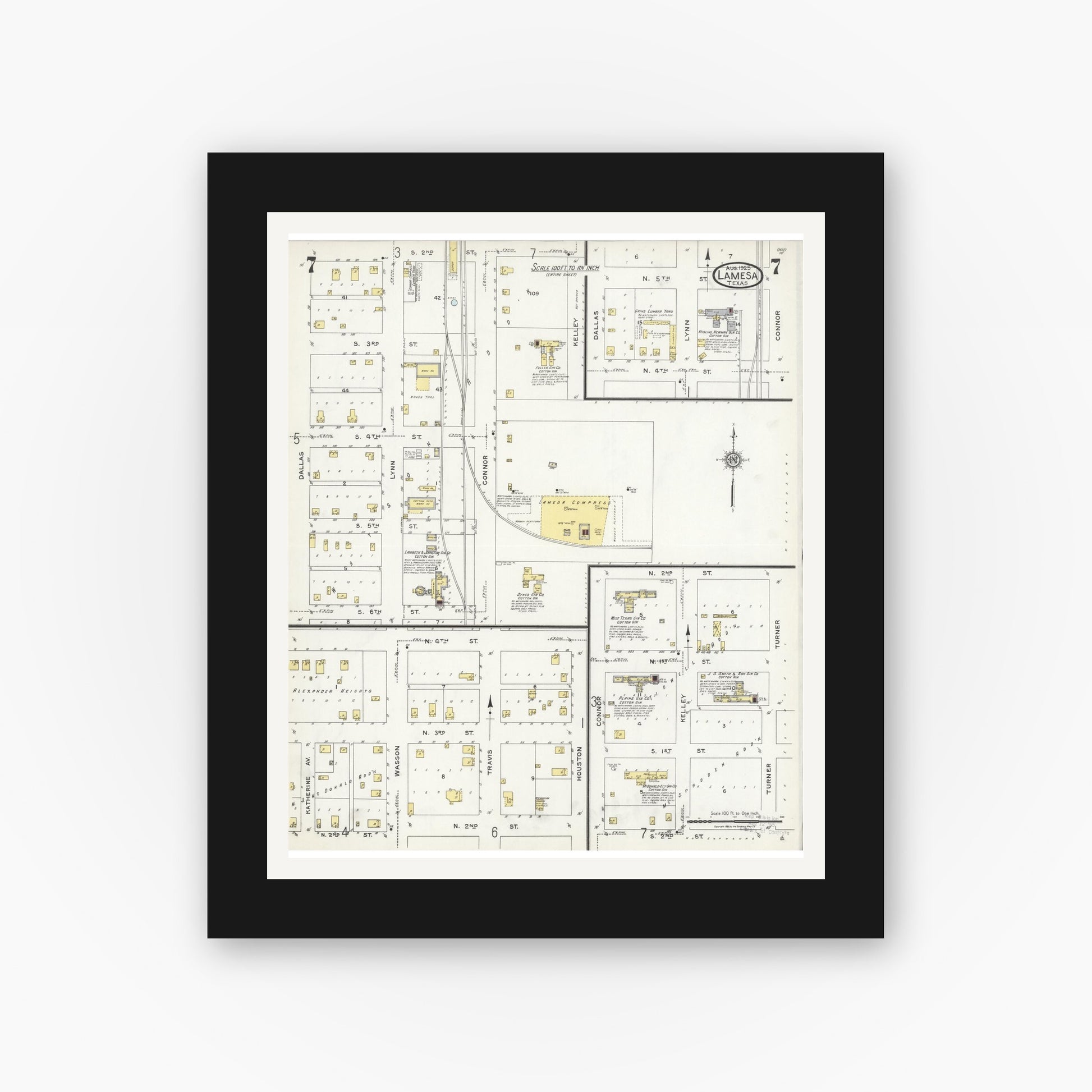 Old map wall art mockup — black gallery frame with white mat — Sanborn Fire Insurance Map from Lamesa, Dawson County, Texas (1925), Sheet #0007