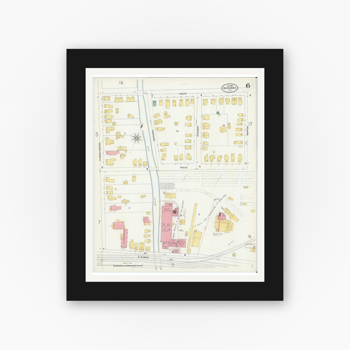 Old map wall art mockup — black gallery frame with white mat — Sanborn Fire Insurance Map from Herkimer, Herkimer County, New York (1906), Sheet #0006