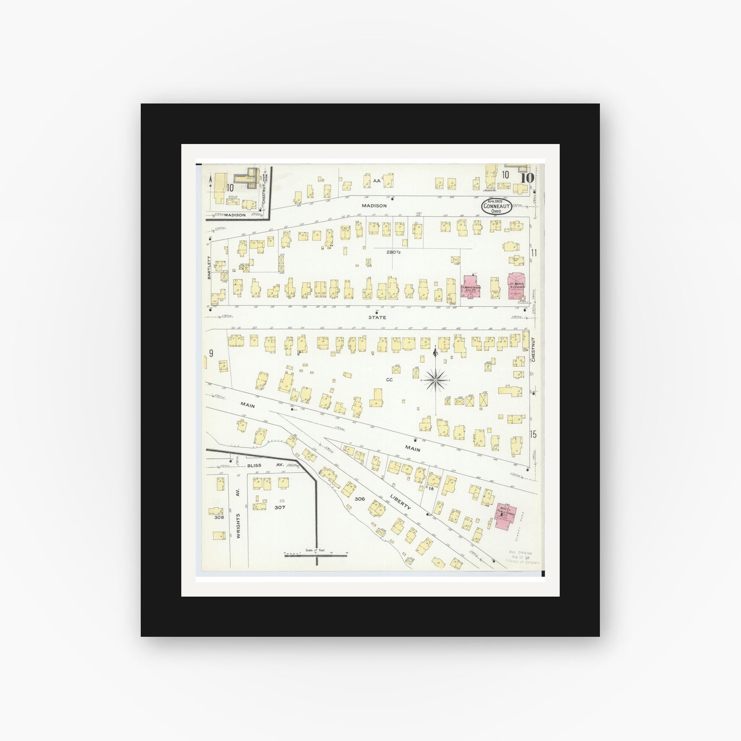 Old map wall art mockup — black gallery frame with white mat — Sanborn Fire Insurance Map from Conneaut, Ashtabula County, Ohio (1909), Sheet #0010