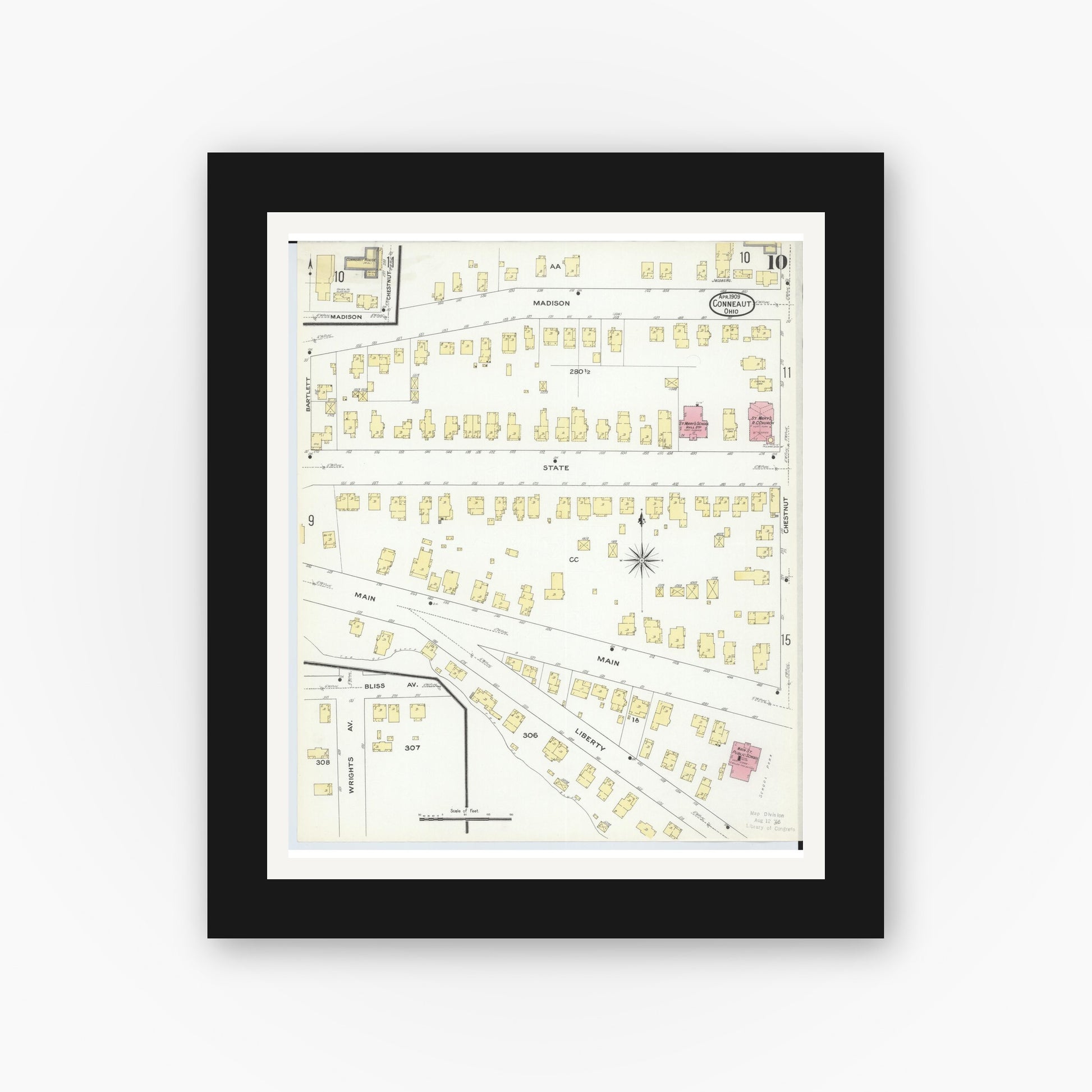 Old map wall art mockup — black gallery frame with white mat — Sanborn Fire Insurance Map from Conneaut, Ashtabula County, Ohio (1909), Sheet #0010