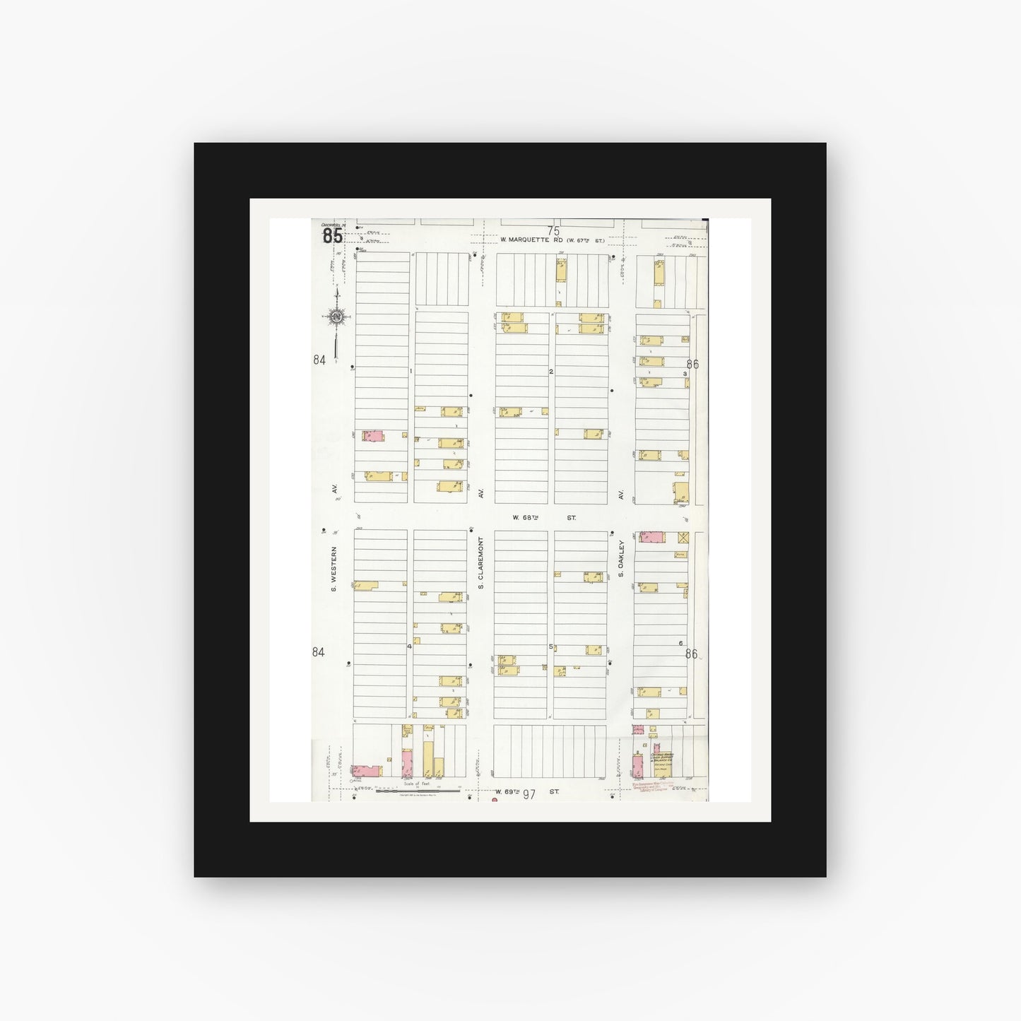 Old map wall art mockup — black gallery frame with white mat — Sanborn Fire Insurance Map from Chicago, Cook County, Illinois (1920), Sheet #0085