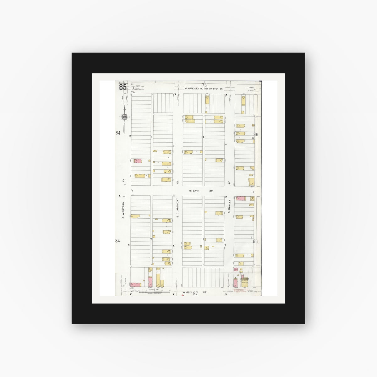Old map wall art mockup — black gallery frame with white mat — Sanborn Fire Insurance Map from Chicago, Cook County, Illinois (1920), Sheet #0085