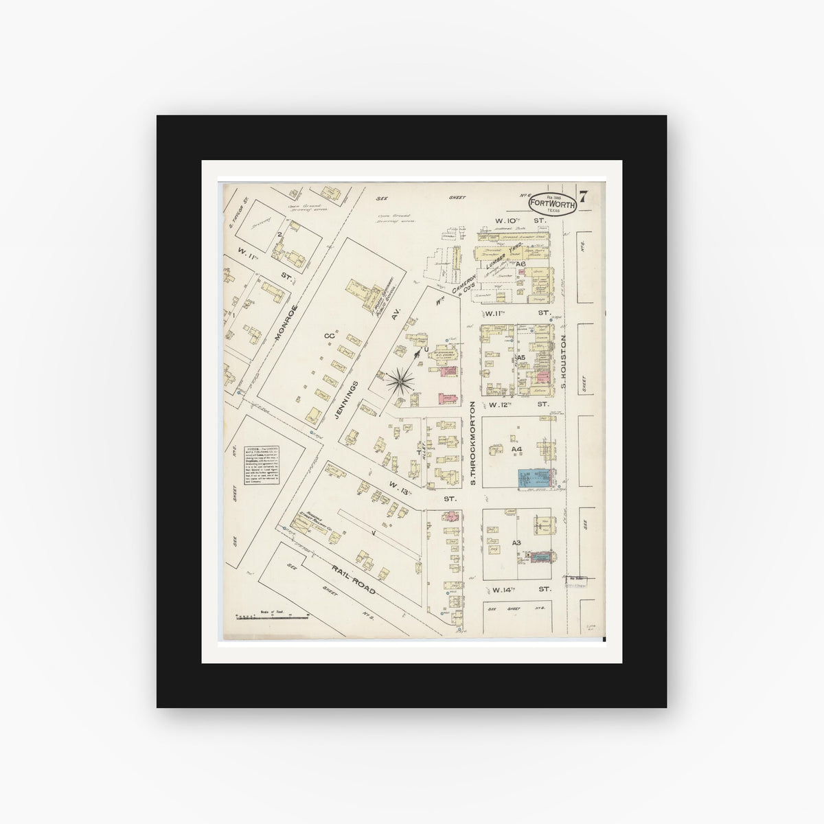 Old map wall art mockup — black gallery frame with white mat — Sanborn Fire Insurance Map from Fort Worth, Tarrant County, Texas (1885), Sheet #0007
