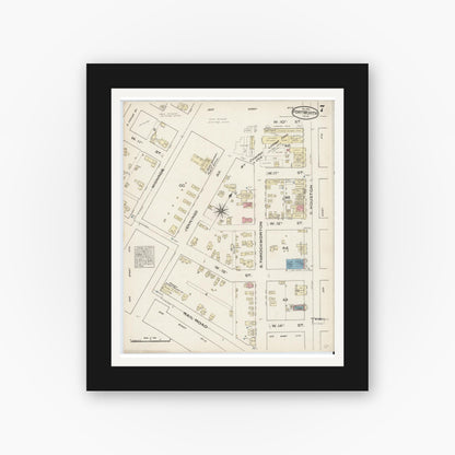 Old map wall art mockup — black gallery frame with white mat — Sanborn Fire Insurance Map from Fort Worth, Tarrant County, Texas (1885), Sheet #0007