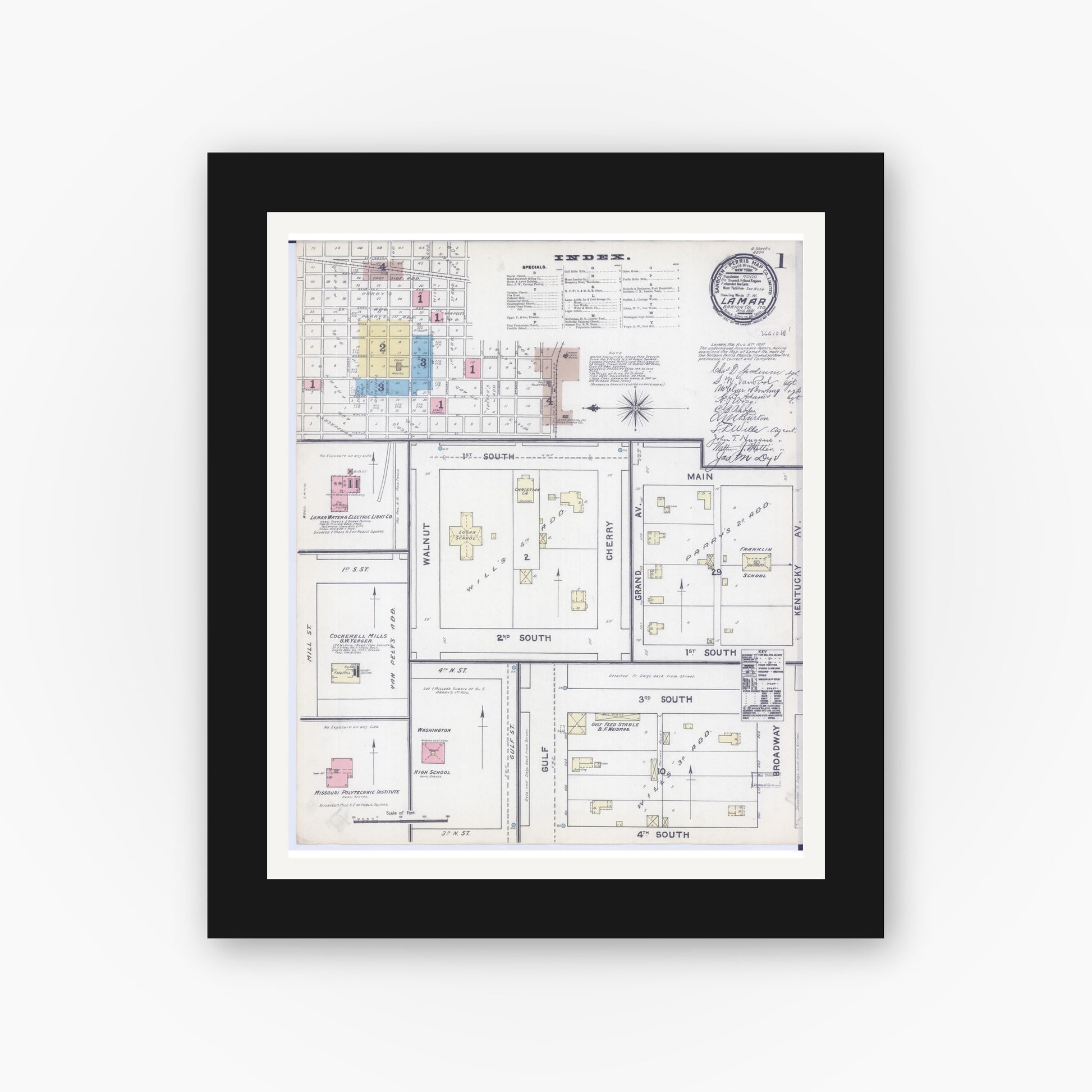Old map wall art mockup — black gallery frame with white mat — Sanborn Fire Insurance Map from Lamar, Barton County, Missouri (1891), Sheet #0001