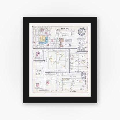 Old map wall art mockup — black gallery frame with white mat — Sanborn Fire Insurance Map from Lamar, Barton County, Missouri (1891), Sheet #0001