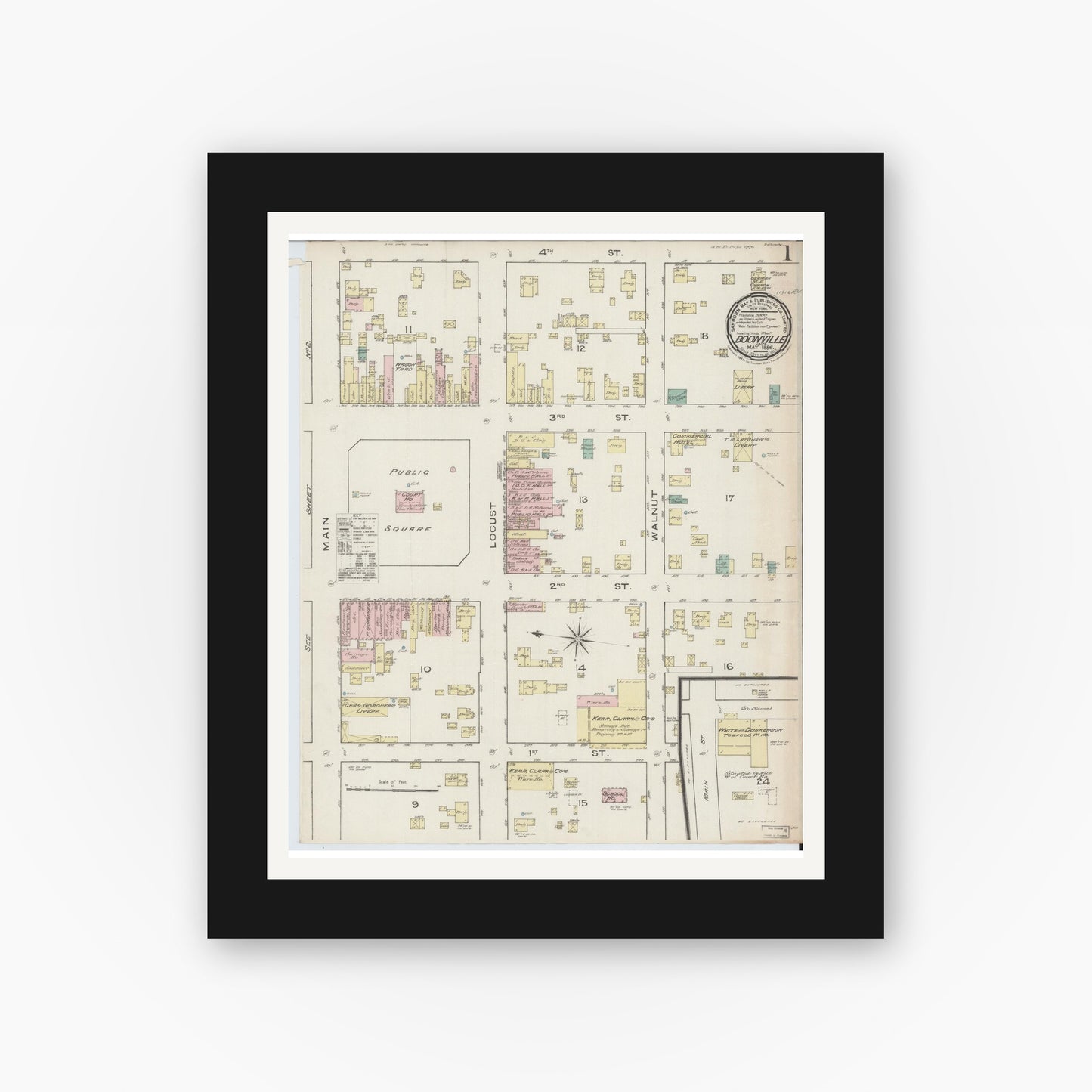 Old map wall art mockup — black gallery frame with white mat — Sanborn Fire Insurance Map from Boonville, Warrick County, Indiana (1886) - Complete Map Set