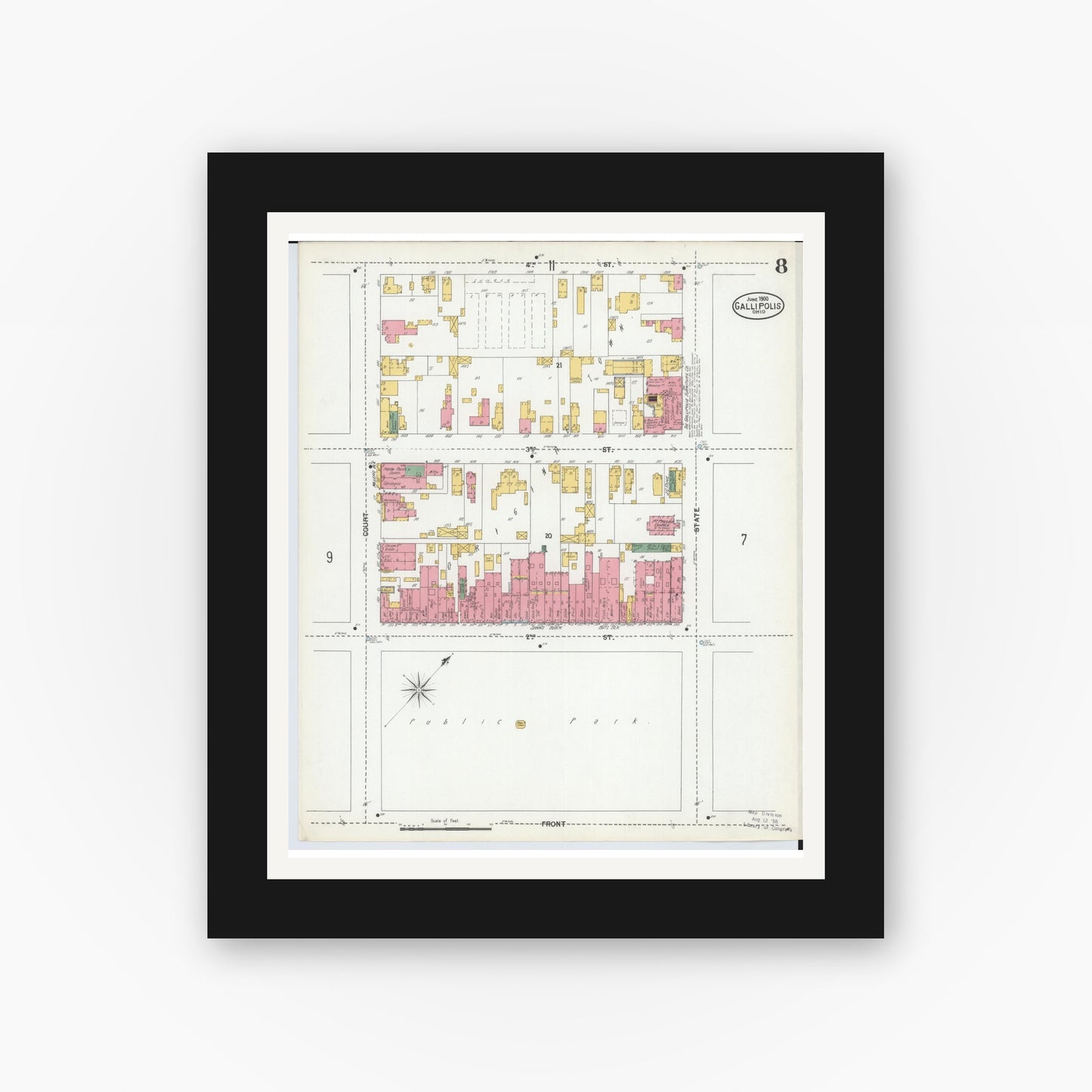 Old map wall art mockup — black gallery frame with white mat — Sanborn Fire Insurance Map from Gallipolis, Gallia County, Ohio (1900), Sheet #0008