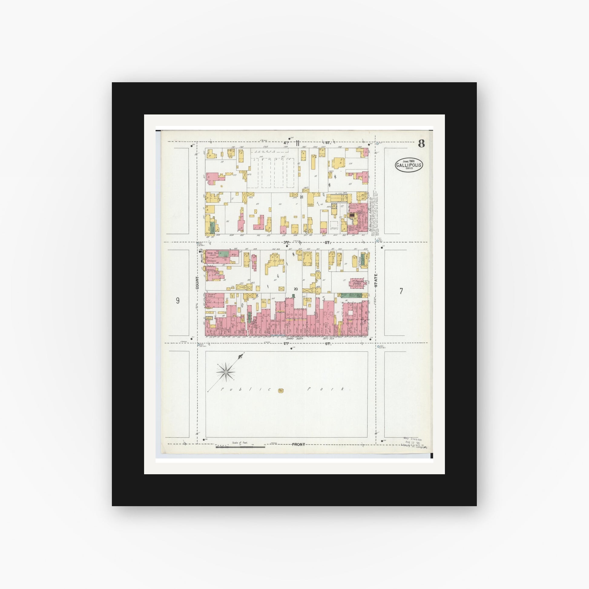 Old map wall art mockup — black gallery frame with white mat — Sanborn Fire Insurance Map from Gallipolis, Gallia County, Ohio (1900), Sheet #0008