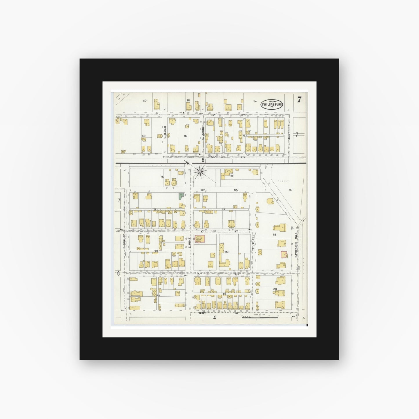 Old map wall art mockup — black gallery frame with white mat — Sanborn Fire Insurance Map from Philipsburg, Centre County, Pennsylvania (1904), Sheet #0007
