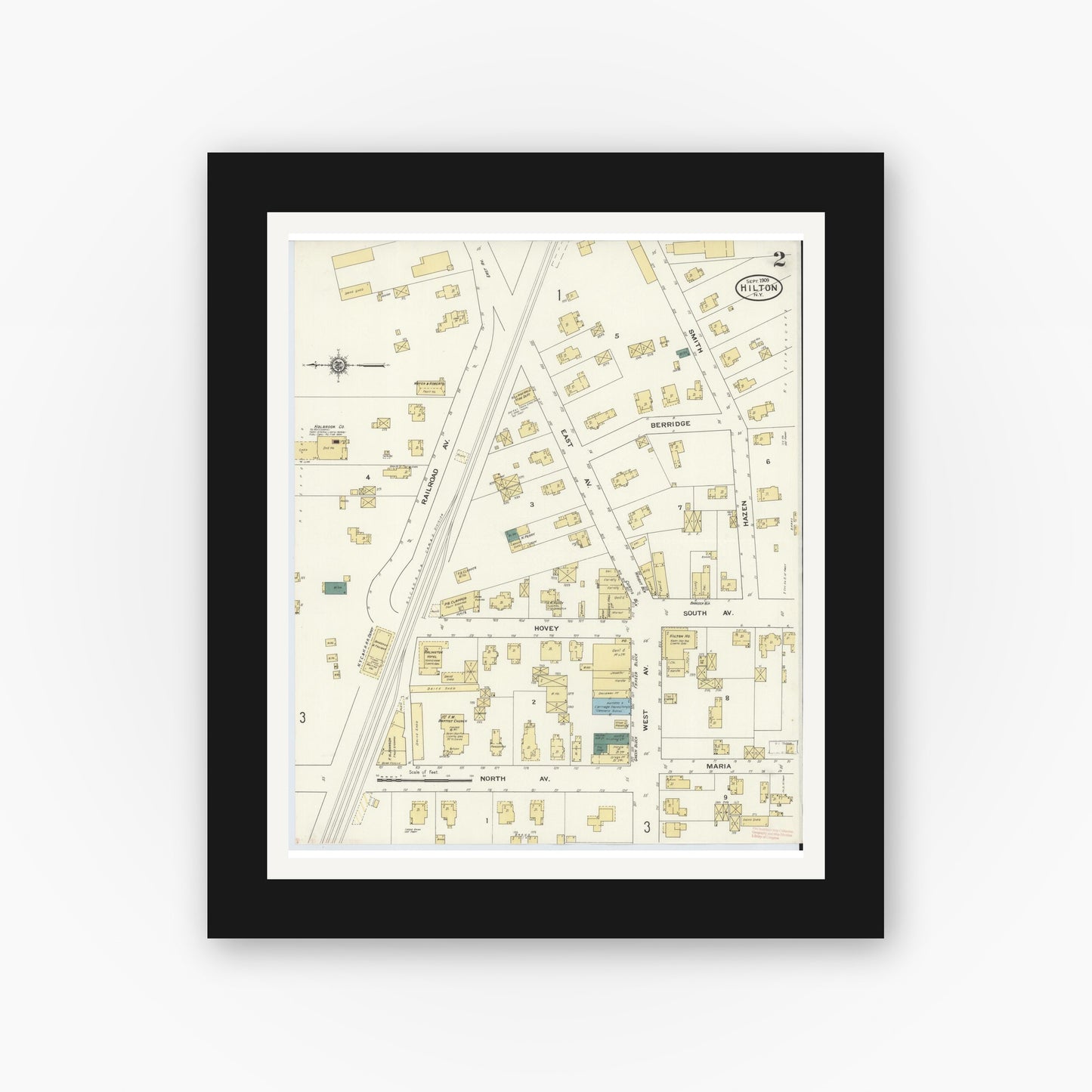 Old map wall art mockup — black gallery frame with white mat — Sanborn Fire Insurance Map from Hilton, Monroe County, New York (1909), Sheet #0002