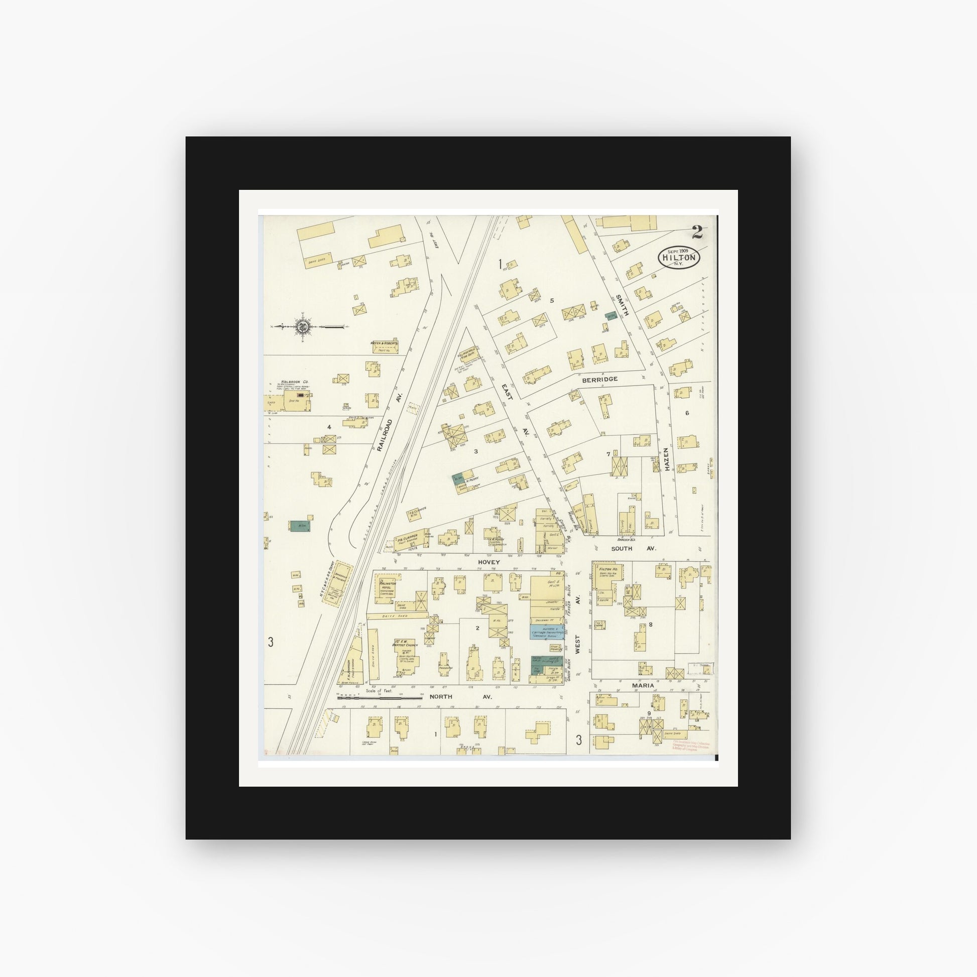 Old map wall art mockup — black gallery frame with white mat — Sanborn Fire Insurance Map from Hilton, Monroe County, New York (1909), Sheet #0002