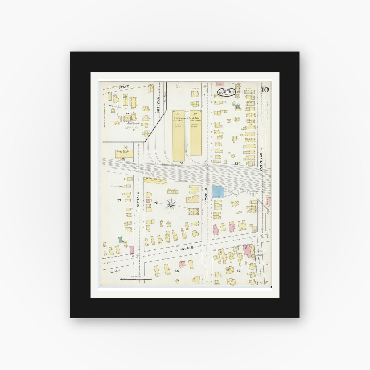 Old map wall art mockup — black gallery frame with white mat — Sanborn Fire Insurance Map from Auburn, Cayuga County, New York (1892), Sheet #0010