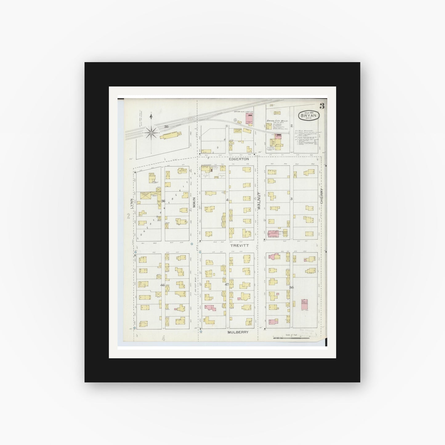 Old map wall art mockup — black gallery frame with white mat — Sanborn Fire Insurance Map from Bryan, Williams County, Ohio (1893), Sheet #0003