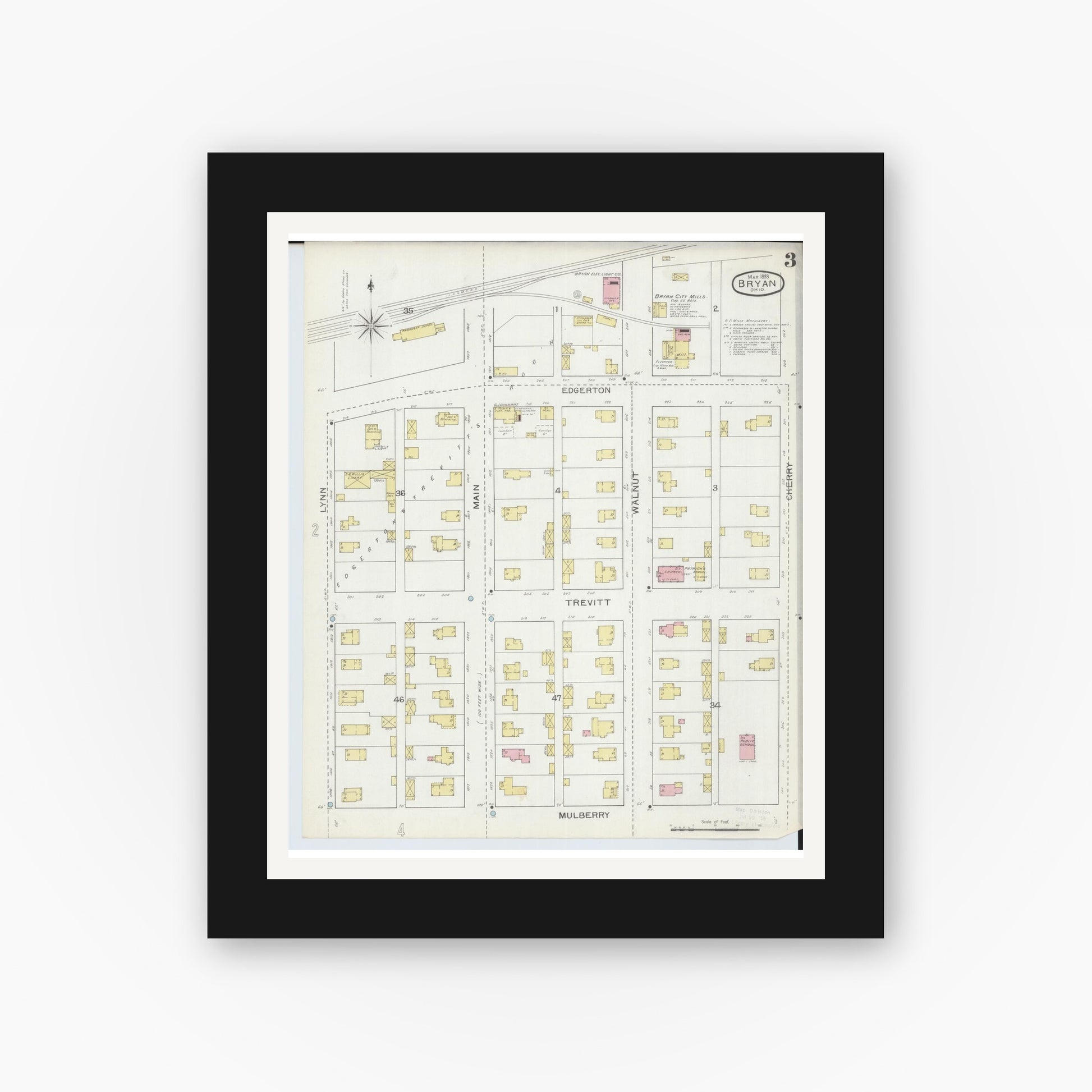 Old map wall art mockup — black gallery frame with white mat — Sanborn Fire Insurance Map from Bryan, Williams County, Ohio (1893), Sheet #0003
