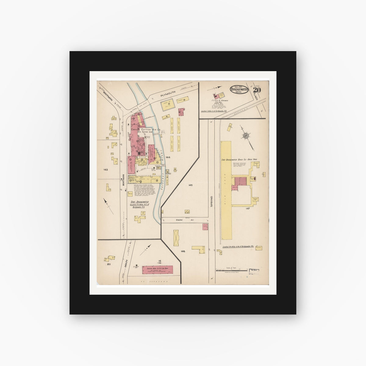 Old map wall art mockup — black gallery frame with white mat — Sanborn Fire Insurance Map from Bridgewater, Plymouth County, Massachusetts (1921), Sheet #0020