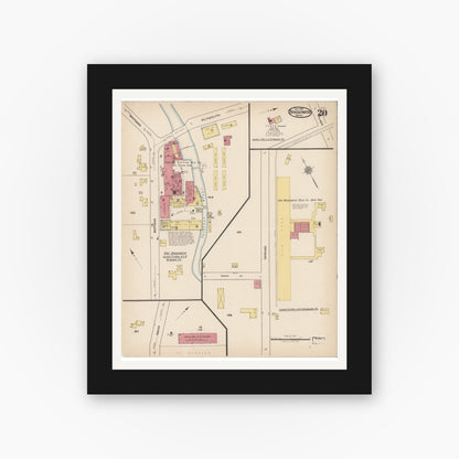 Old map wall art mockup — black gallery frame with white mat — Sanborn Fire Insurance Map from Bridgewater, Plymouth County, Massachusetts (1921), Sheet #0020