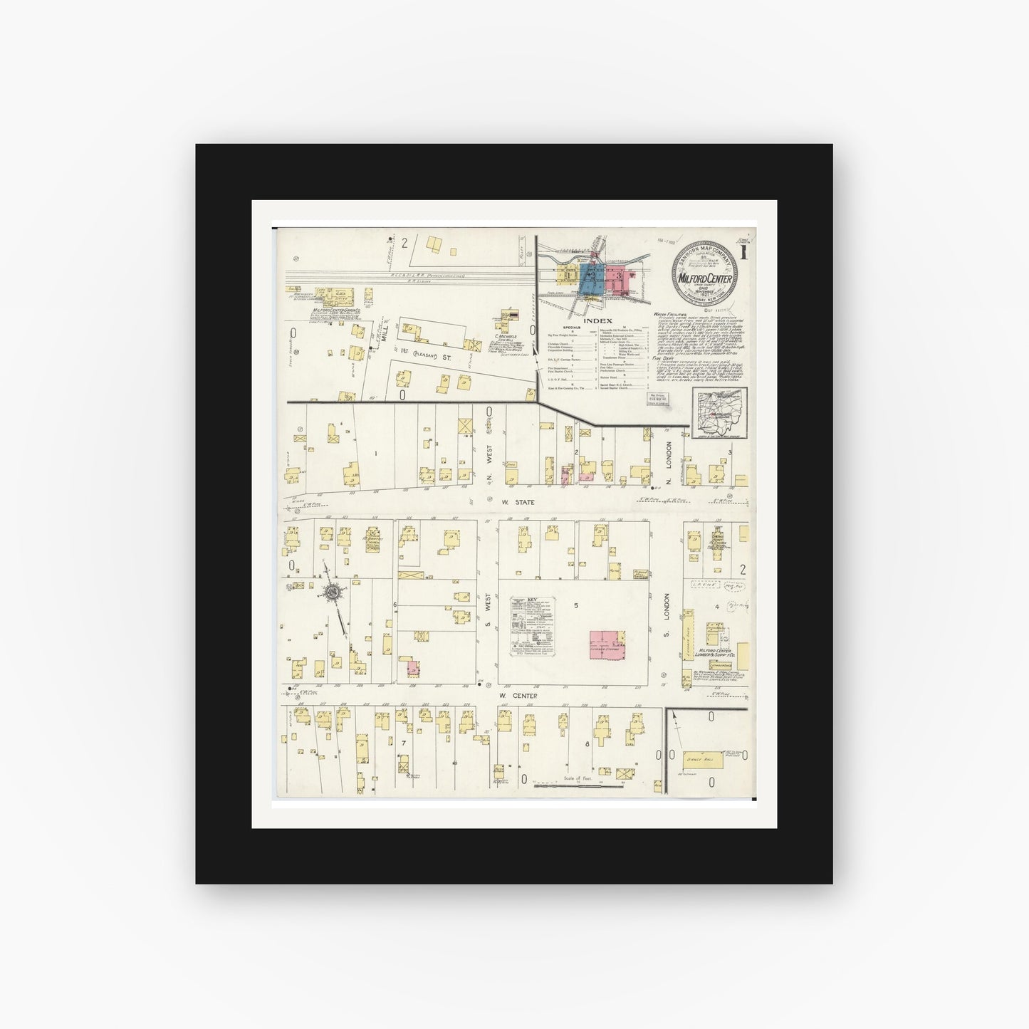 Old map wall art mockup — black gallery frame with white mat — Sanborn Fire Insurance Map from Milford Center, Union County, Ohio (1921) - Complete Map Set
