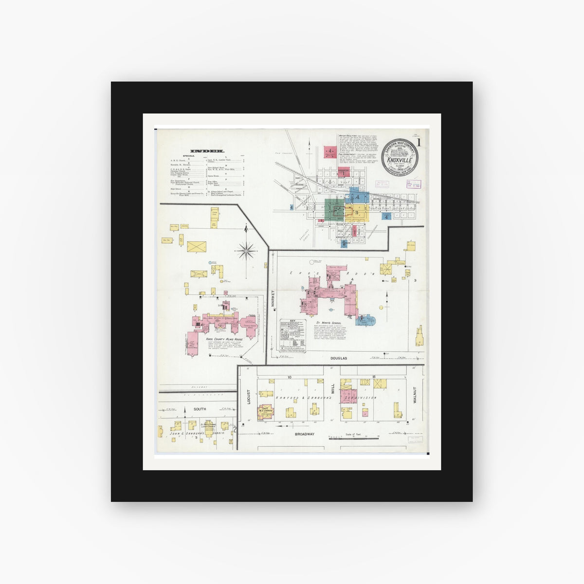 Old map wall art mockup — black gallery frame with white mat — Sanborn Fire Insurance Map from Knoxville, Knox County, Illinois (1909) - Complete Map Set
