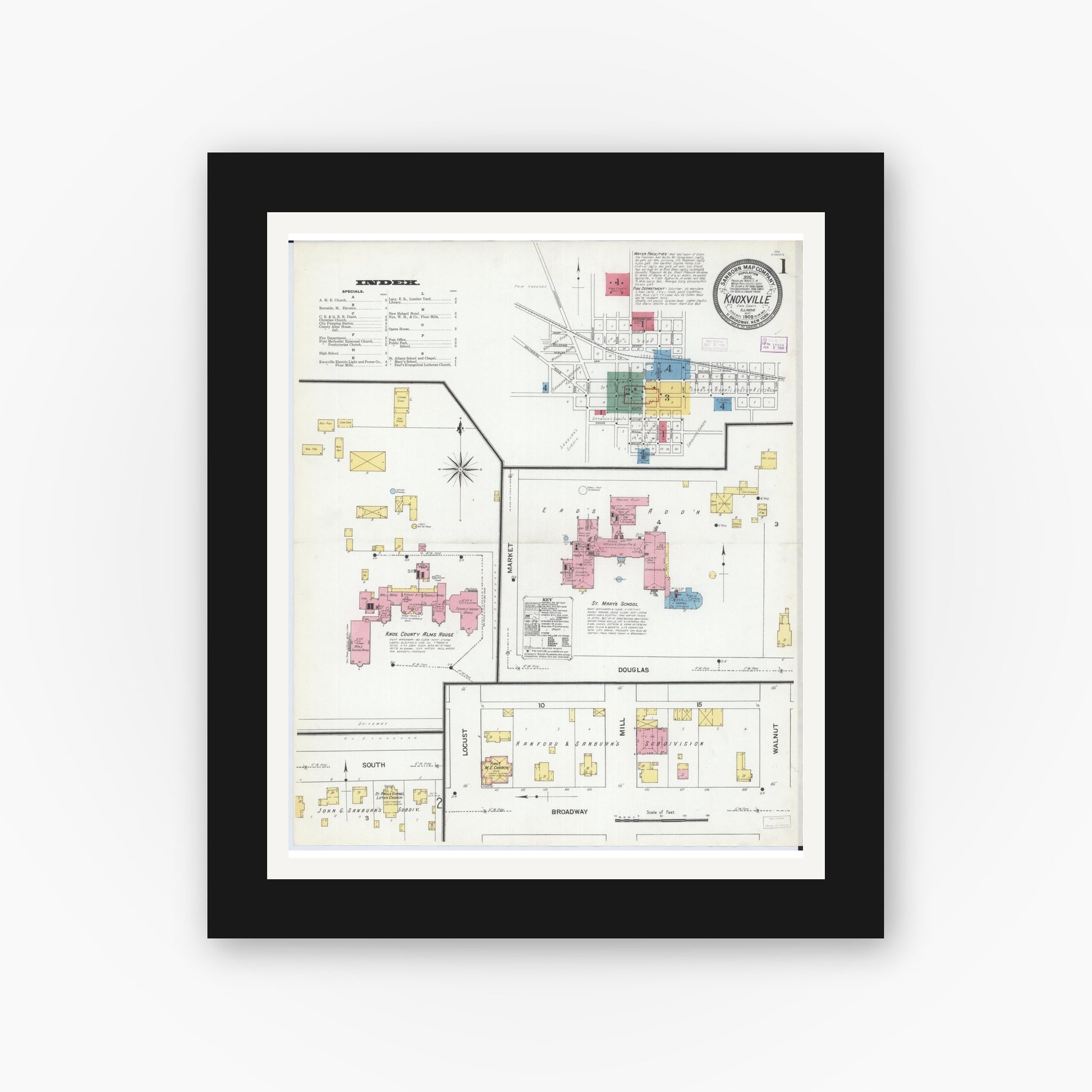Old map wall art mockup — black gallery frame with white mat — Sanborn Fire Insurance Map from Knoxville, Knox County, Illinois (1909) - Complete Map Set