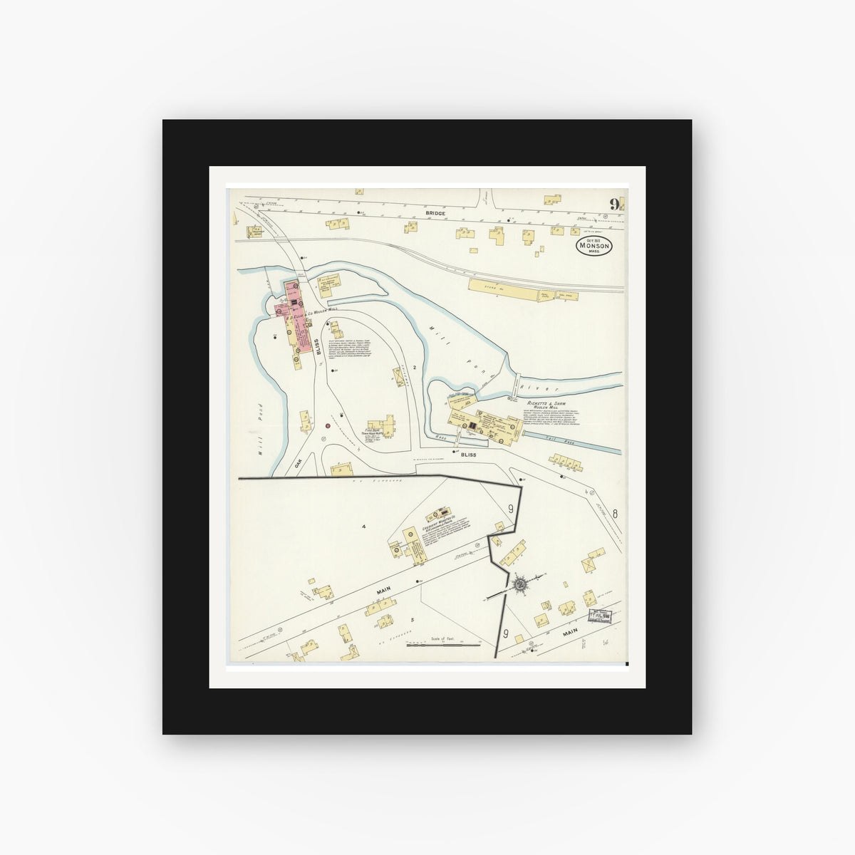 Old map wall art mockup — black gallery frame with white mat — Sanborn Fire Insurance Map from Monson, Hampden County, Massachusetts (1911), Sheet #0009