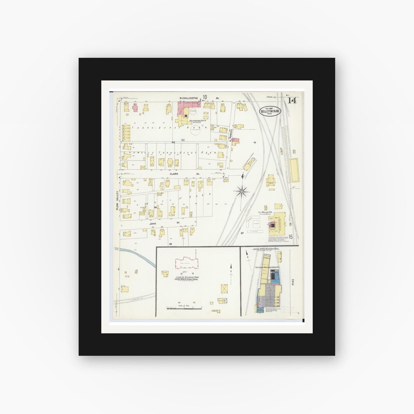 Old map wall art mockup — black gallery frame with white mat — Sanborn Fire Insurance Map from Bellefontaine, Logan County, Ohio (1907), Sheet #0014
