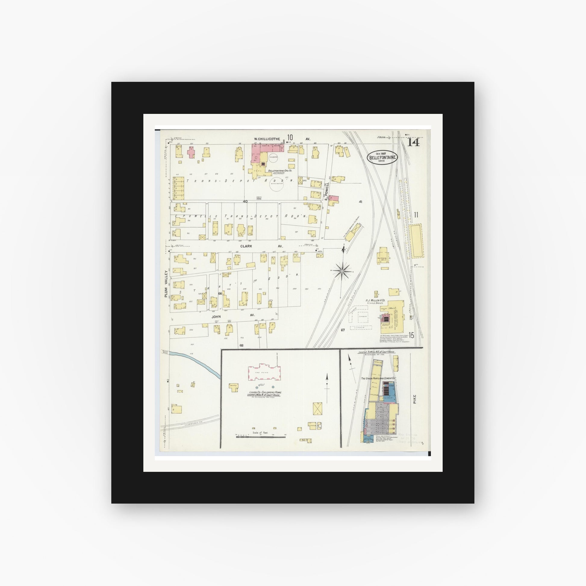 Old map wall art mockup — black gallery frame with white mat — Sanborn Fire Insurance Map from Bellefontaine, Logan County, Ohio (1907), Sheet #0014
