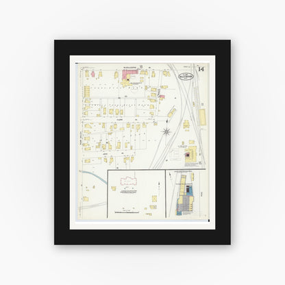 Old map wall art mockup — black gallery frame with white mat — Sanborn Fire Insurance Map from Bellefontaine, Logan County, Ohio (1907), Sheet #0014