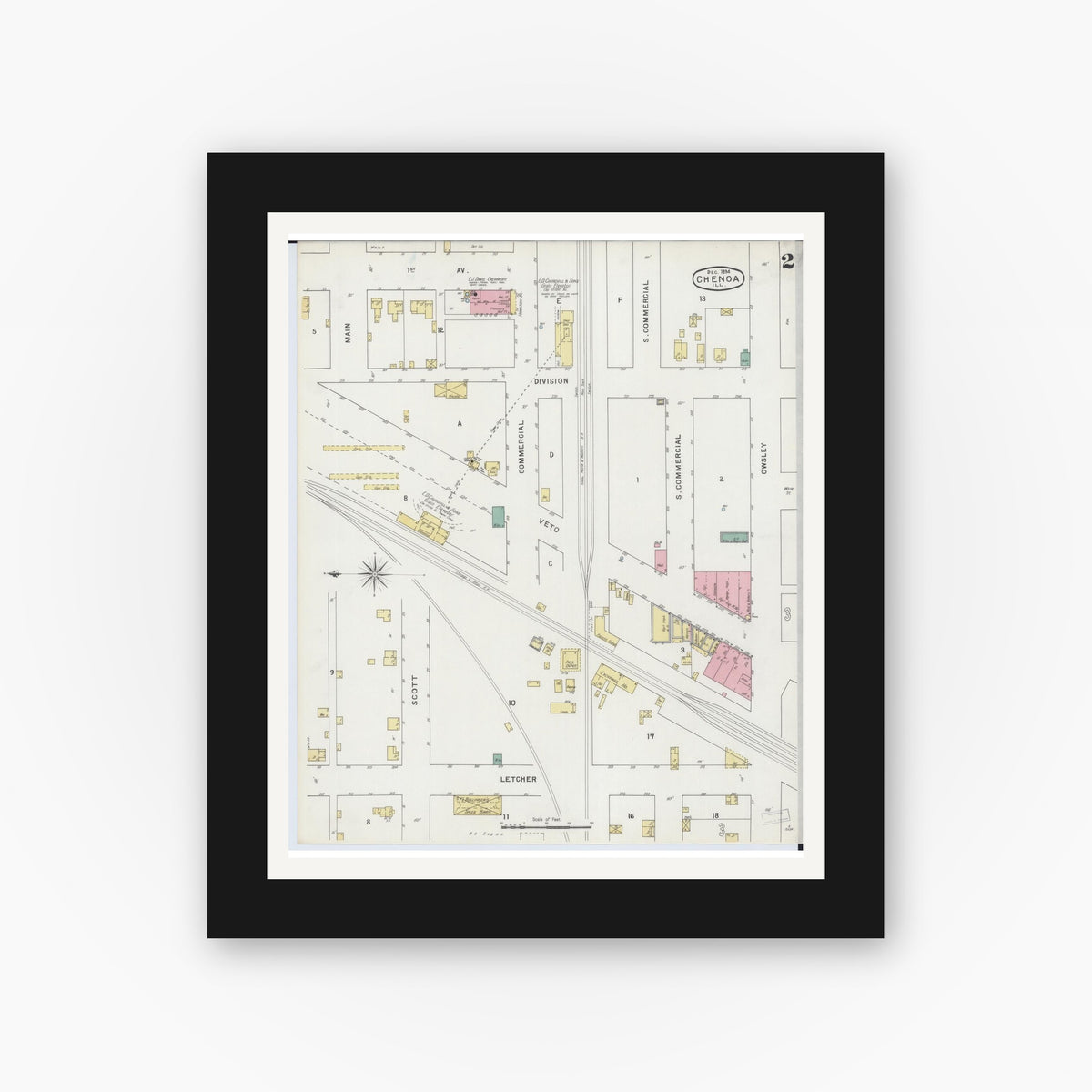 Old map wall art mockup — black gallery frame with white mat — Sanborn Fire Insurance Map from Chenoa, McLean County, Illinois (1894), Sheet #0002