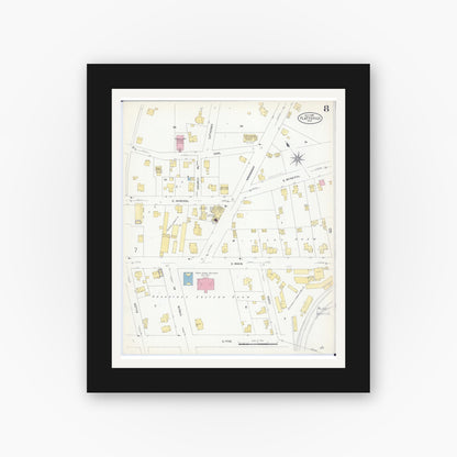 Old map wall art mockup — black gallery frame with white mat — Sanborn Fire Insurance Map from Platteville, Grant County, Wisconsin (1908), Sheet #0008