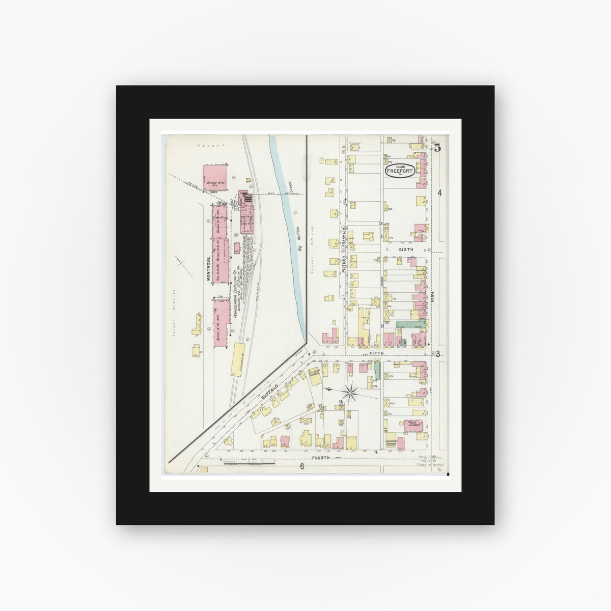 Old map wall art mockup — black gallery frame with white mat — Sanborn Fire Insurance Map from Freeport, Armstrong County, Pennsylvania (1897), Sheet #0005