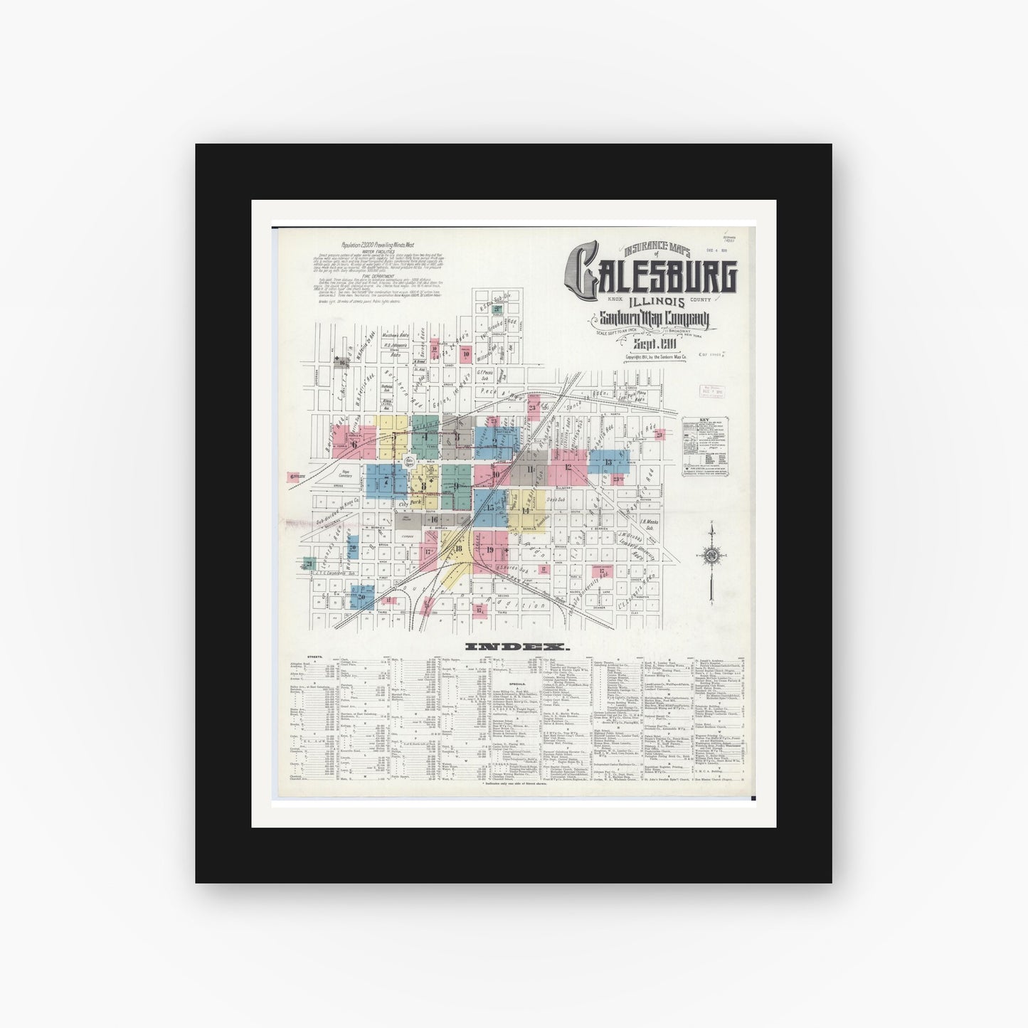 Old map wall art mockup — black gallery frame with white mat — Sanborn Fire Insurance Map from Galesburg, Knox County, Illinois (1911), Sheet #0001