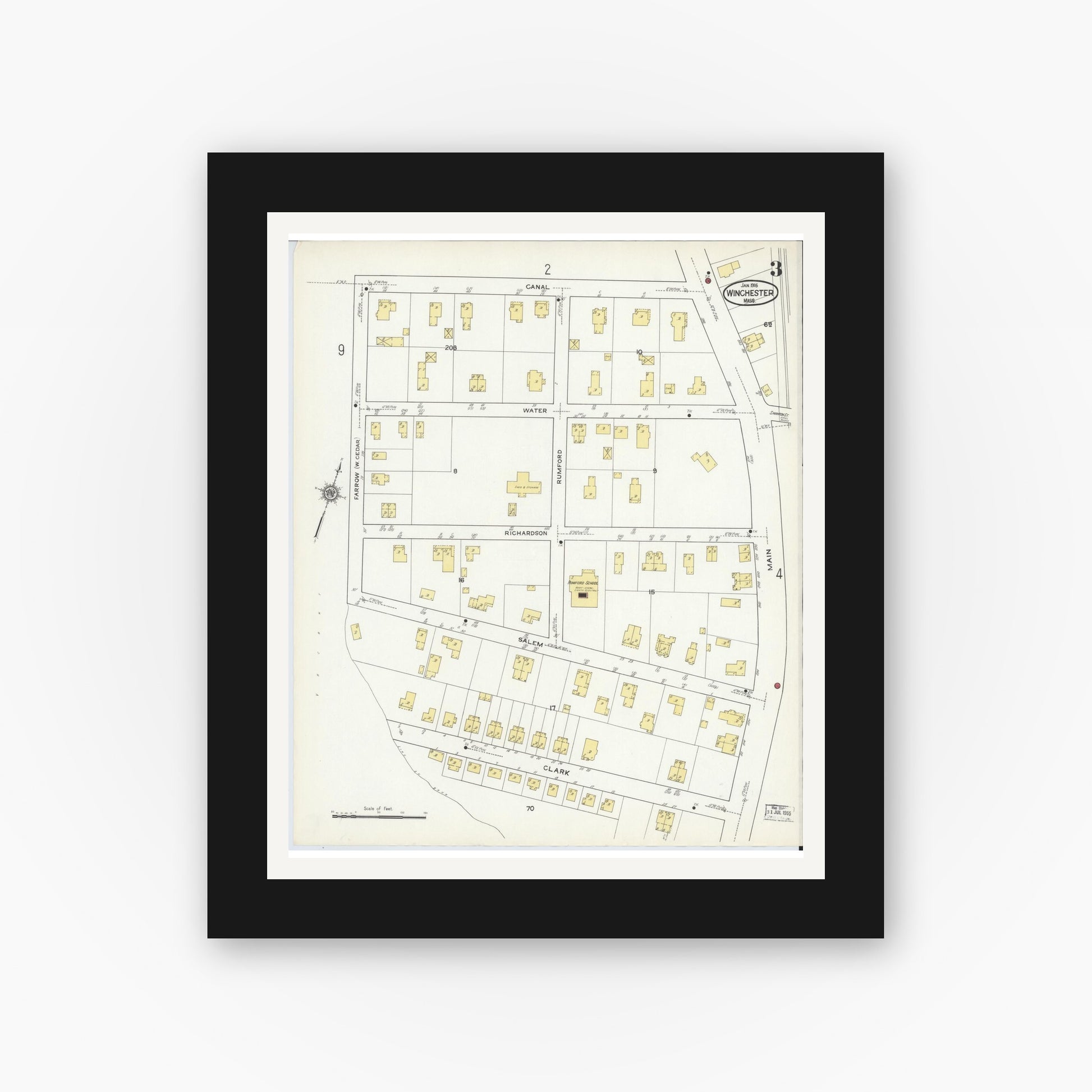 Old map wall art mockup — black gallery frame with white mat — Sanborn Fire Insurance Map from Winchester, Middlesex County, Massachusetts (1916), Sheet #0003