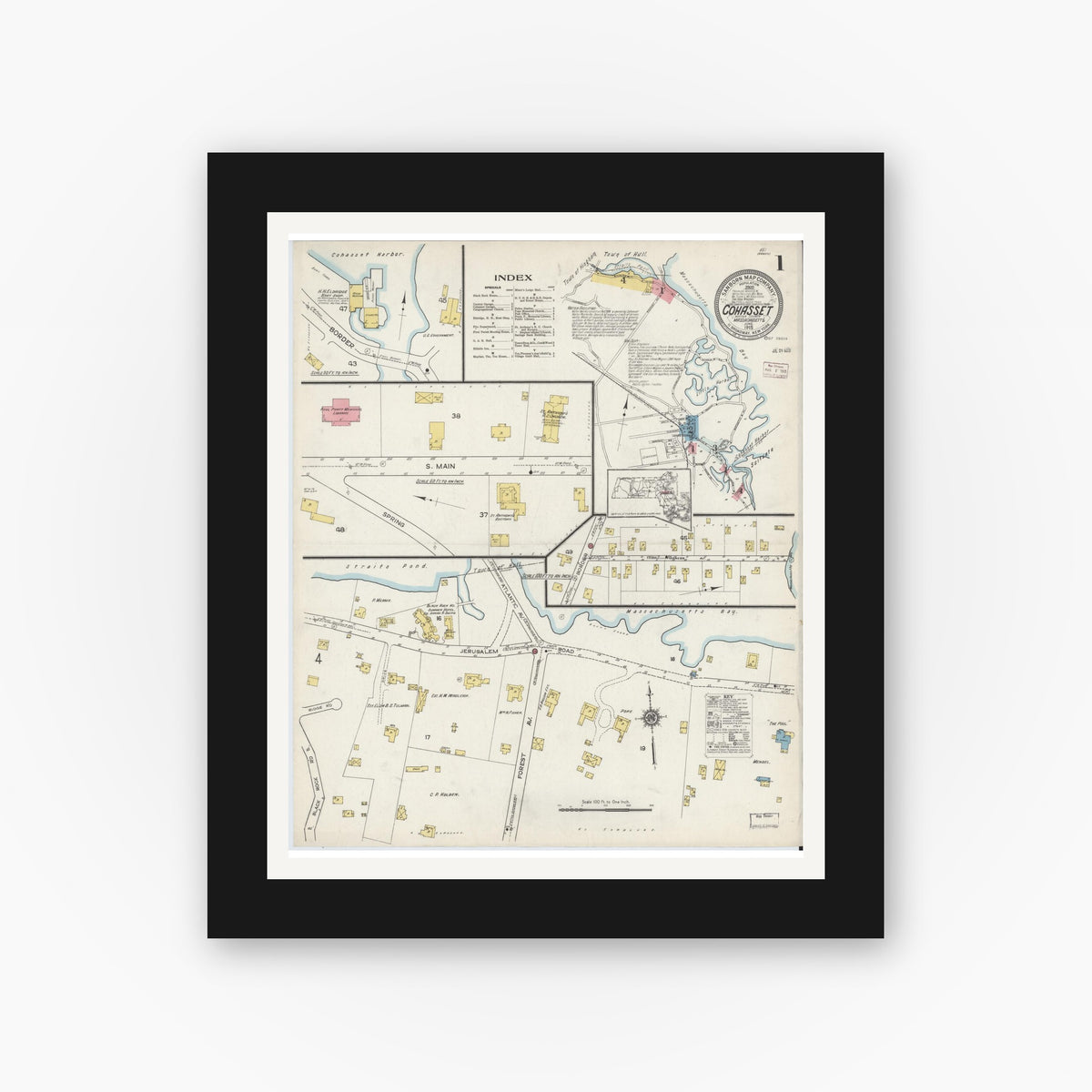 Old map wall art mockup — black gallery frame with white mat — Sanborn Fire Insurance Map from Cohasset, Norfolk County, Massachusetts (1915) - Complete Map Set