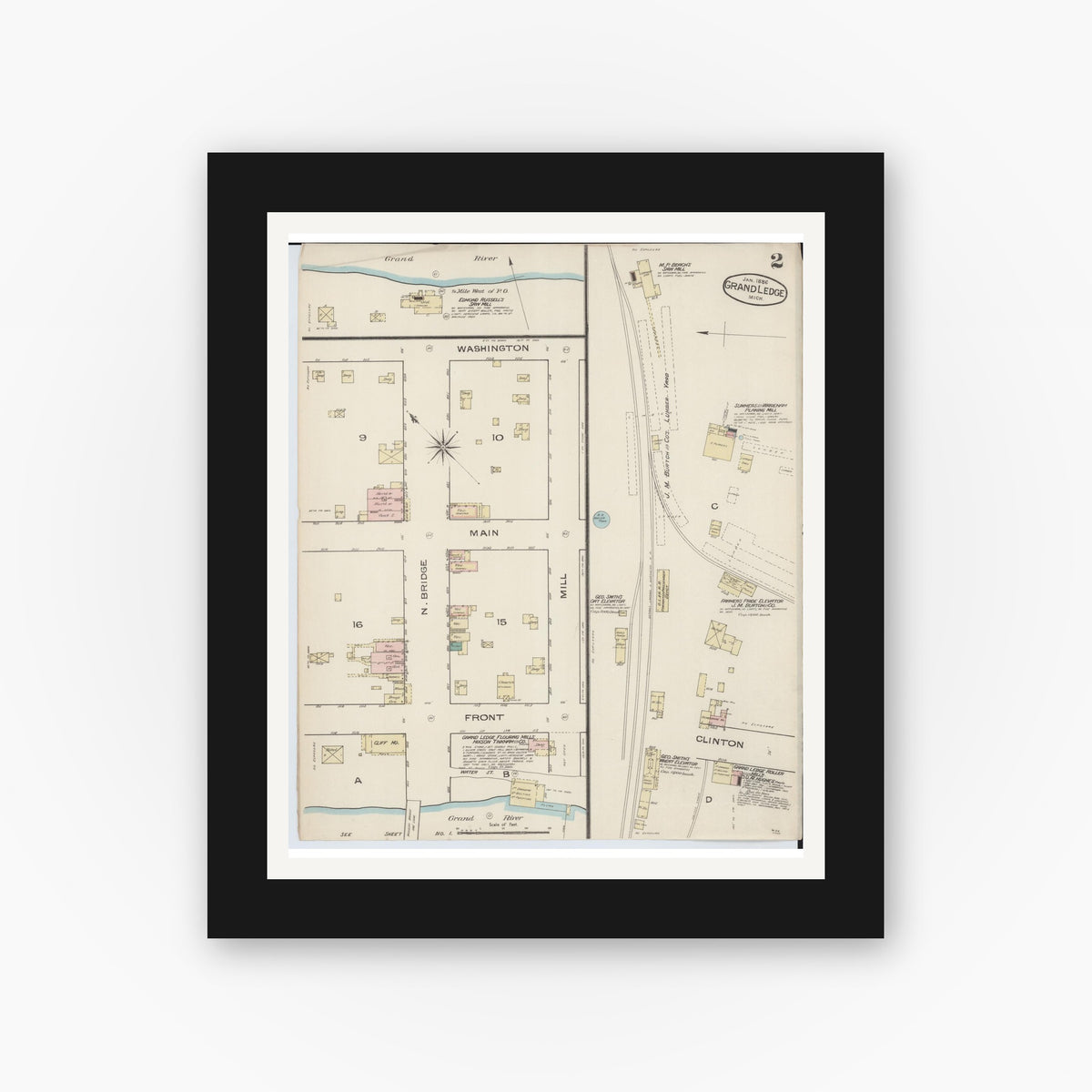 Old map wall art mockup — black gallery frame with white mat — Sanborn Fire Insurance Map from Grand Ledge, Eaton County, Michigan (1886), Sheet #0002