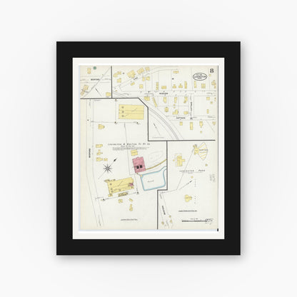 Old map wall art mockup — black gallery frame with white mat — Sanborn Fire Insurance Map from Lexington, Middlesex County, Massachusetts (1908), Sheet #0008