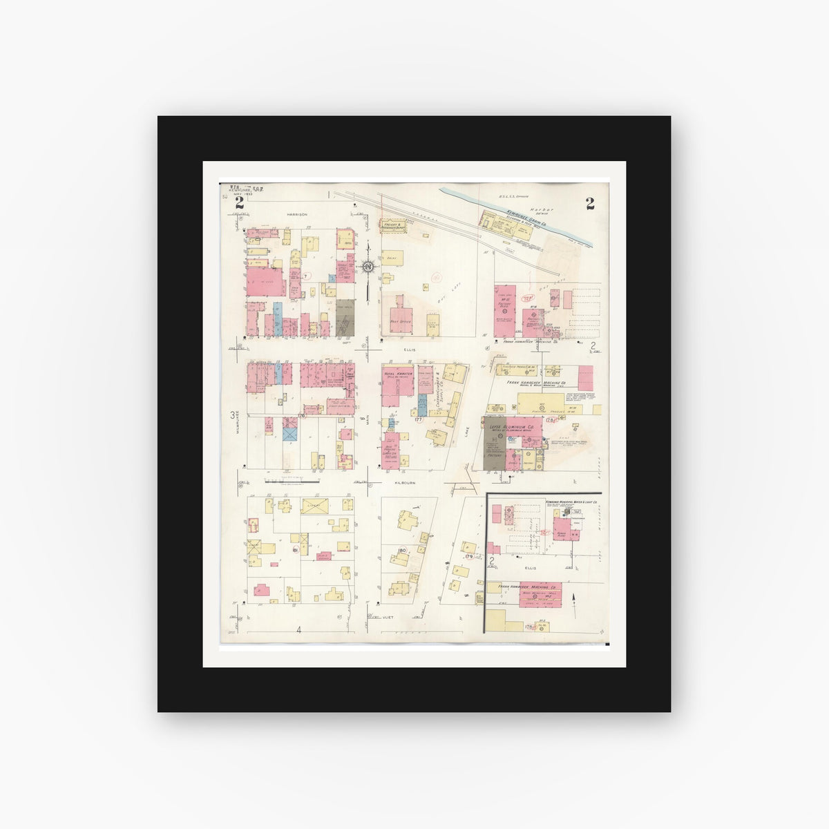 Old map wall art mockup — black gallery frame with white mat — Sanborn Fire Insurance Map from Kewaunee, Kewaunee County, Wisconsin (1941), Sheet #0002