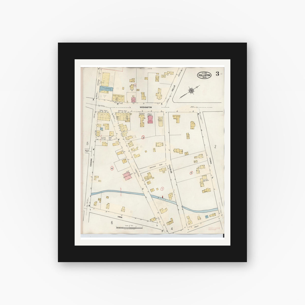 Old map wall art mockup — black gallery frame with white mat — Sanborn Fire Insurance Map from Holliston, Middlesex County, Massachusetts (1942), Sheet #0003