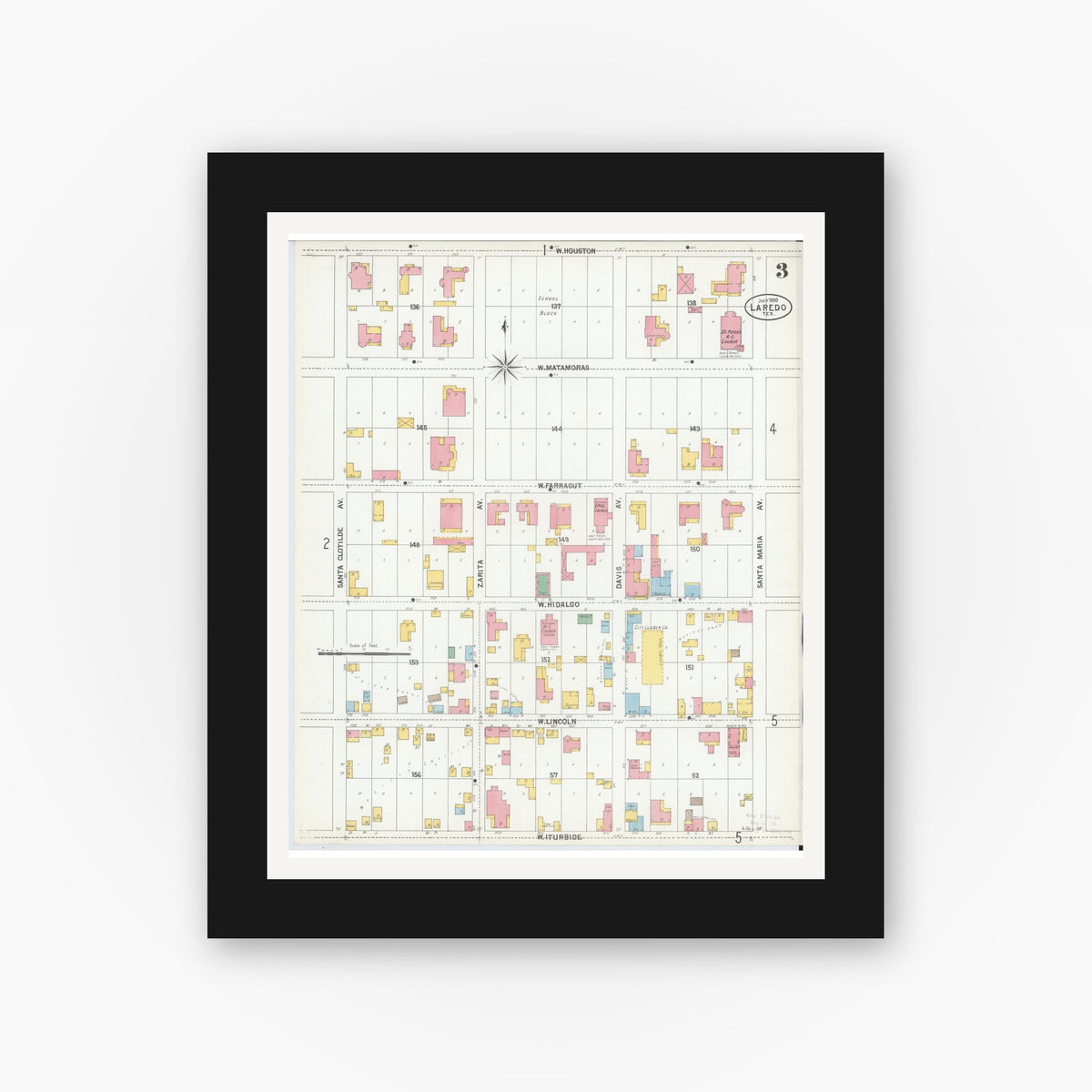 Old map wall art mockup — black gallery frame with white mat — Sanborn Fire Insurance Map from Laredo, Webb County, Texas (1900), Sheet #0003