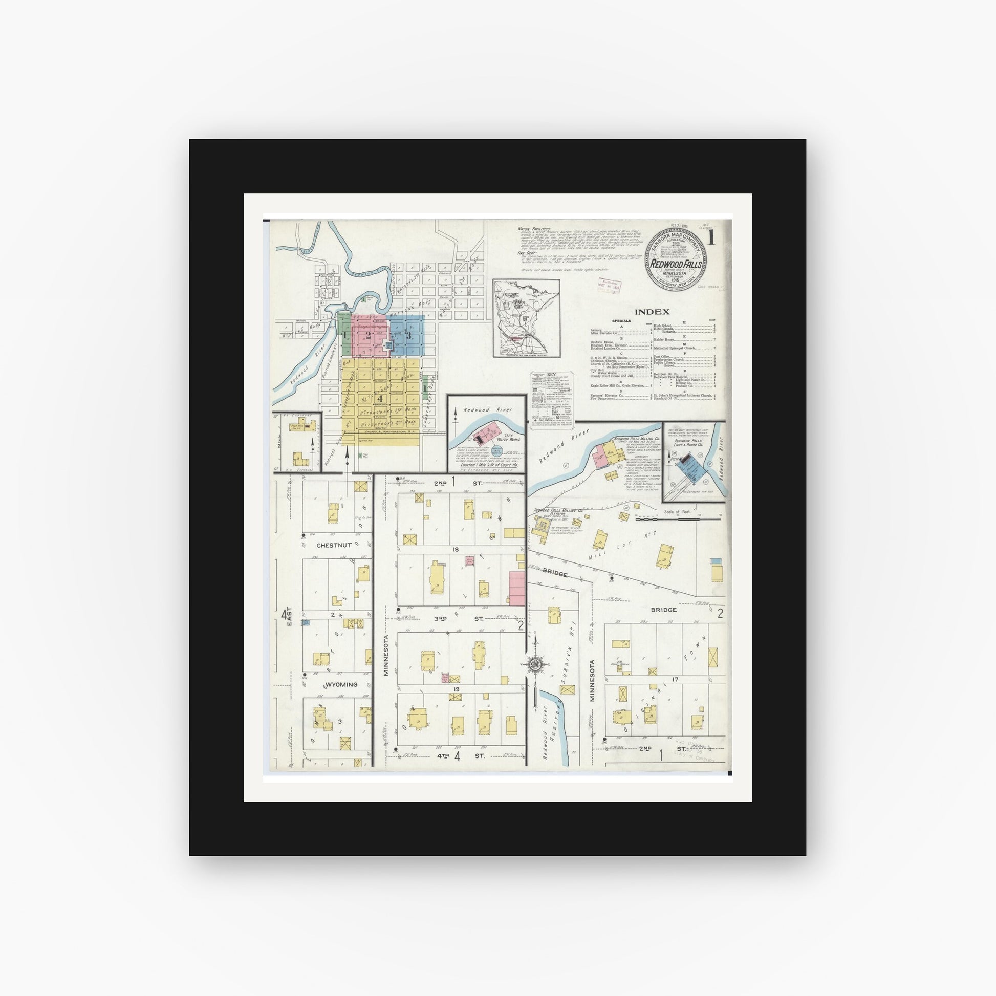 Old map wall art mockup — black gallery frame with white mat — Sanborn Fire Insurance Map from Redwood Falls, Redwood County, Minnesota (1915) - Complete Map Set