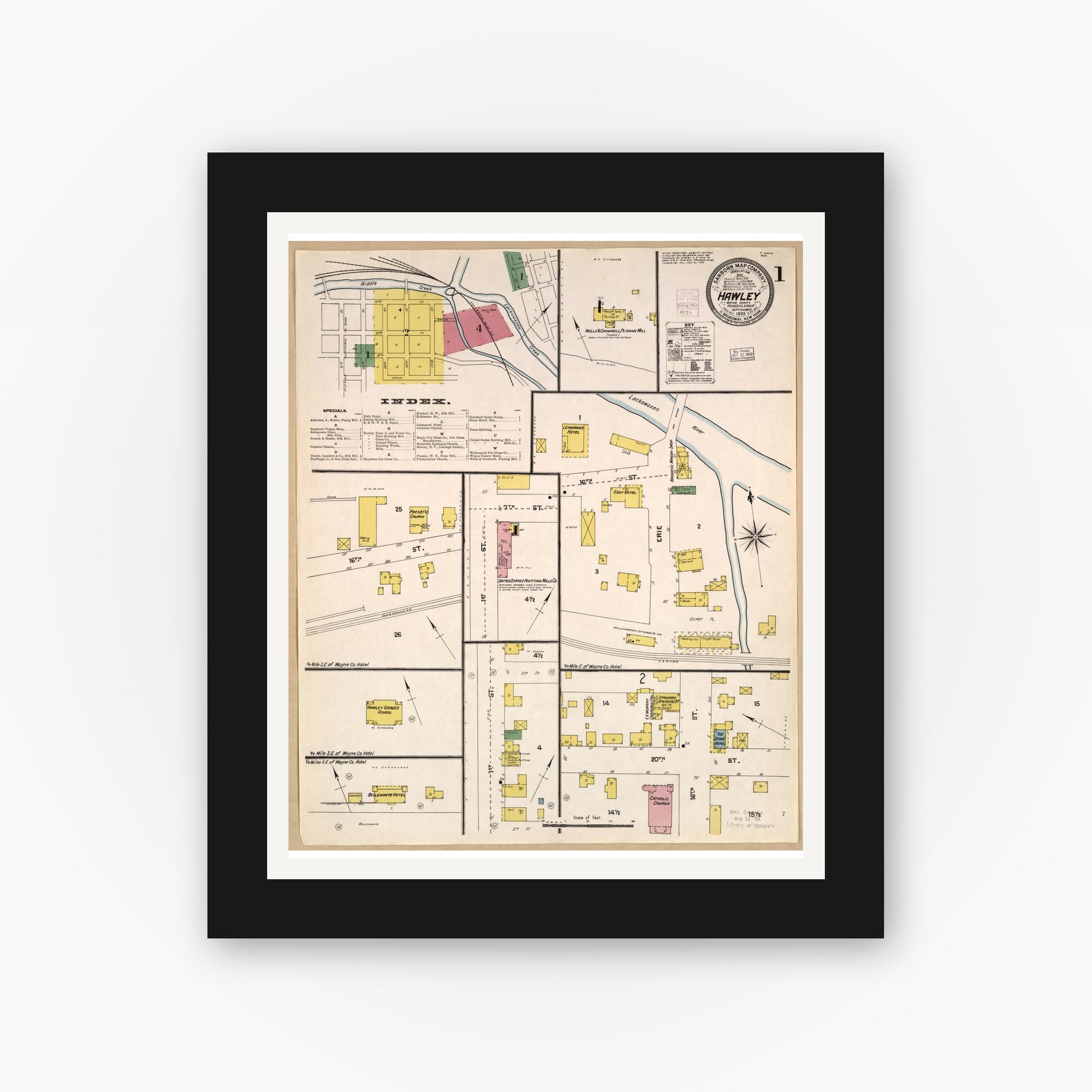 Old map wall art mockup — black gallery frame with white mat — Sanborn Fire Insurance Map from Hawley, Wayne County, Pennsylvania (1903), Sheet #0001